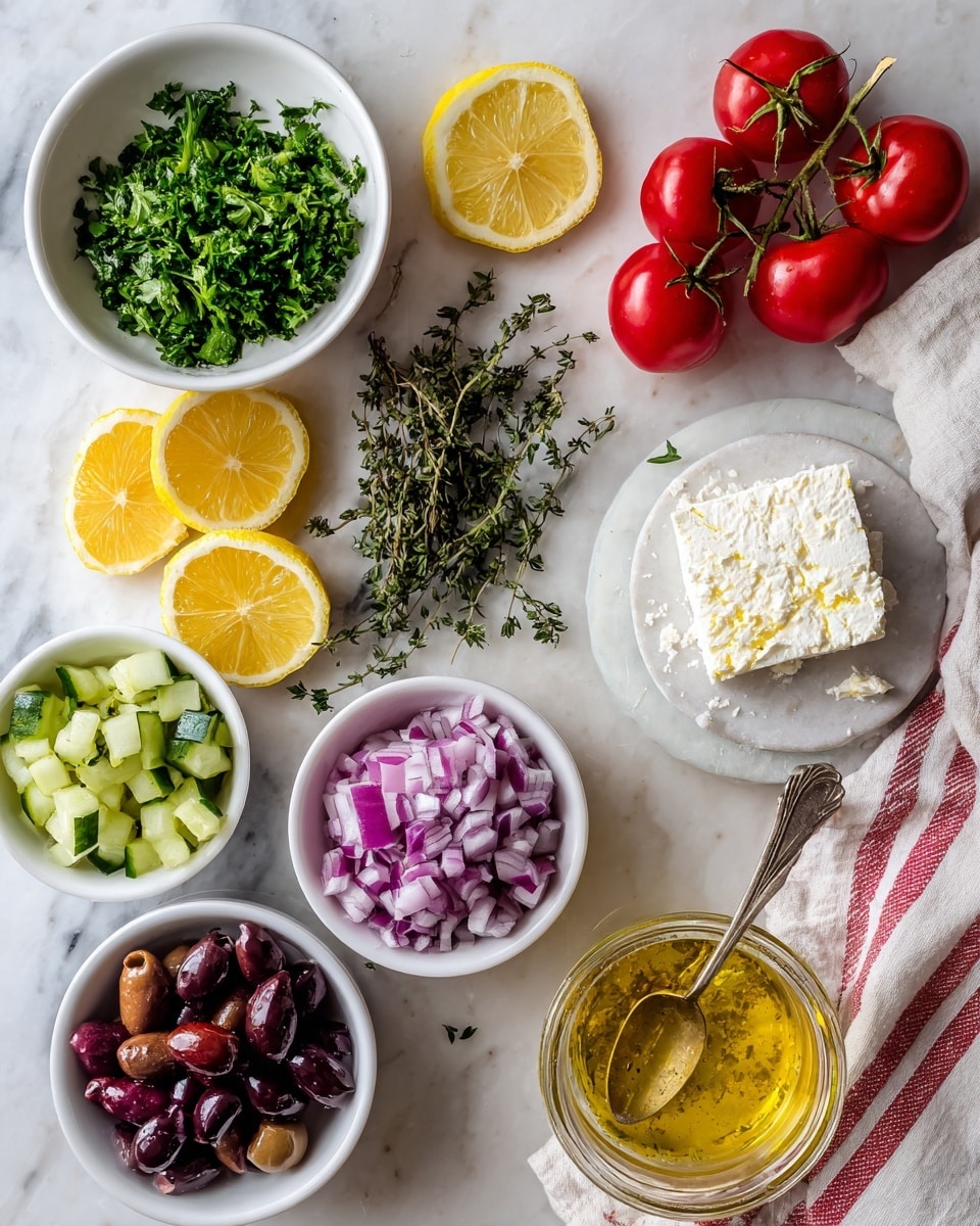 The image shows a white marble surface with various fresh ingredients arranged neatly. In the top left, a white bowl holds chopped green parsley, while near it, thin slices of yellow lemon lay in a small pile. To the right of the lemons, four red vine tomatoes rest on the surface, and a small white plate holds a block of white feta cheese. Below, there is a bunch of green thyme, and next to it, a white bowl filled with purple diced onions. Below that, a small pile of whole red tomatoes is scattered around. On the lower left side, white bowls contain black sliced olives and chopped green cucumber pieces. In the center of the image, there is a glass jar filled with a yellowish dressing and a spoon inside. A white cloth with red lines lies on the right edge of the surface. Photo taken with an iphone --ar 4:5 --v 7