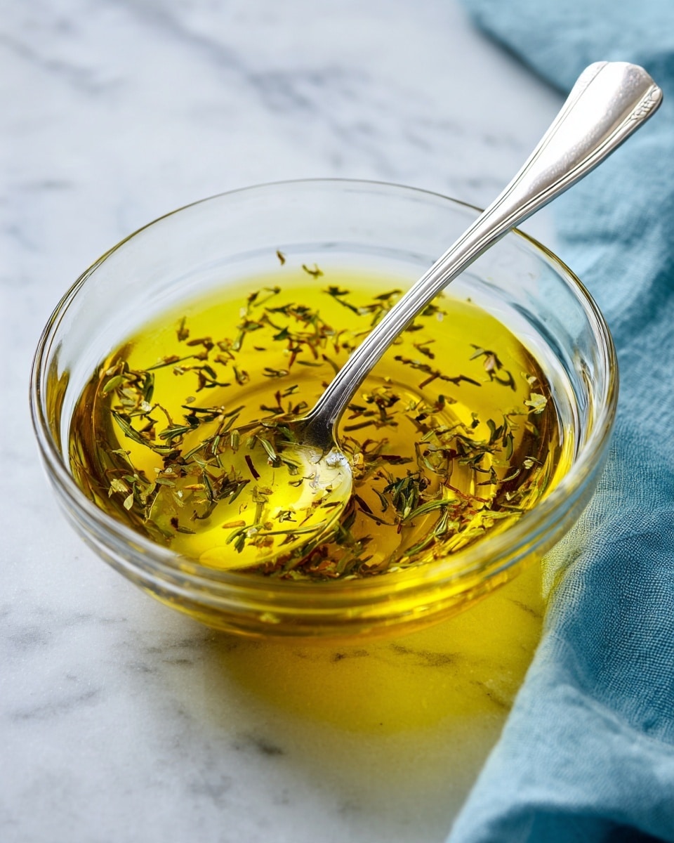 The image shows a clear glass bowl filled with a golden yellow liquid, likely olive oil, mixed with small greenish herb flakes floating evenly throughout. A shiny silver spoon rests inside the bowl, partially dipped in the oil, with its handle extending out of the bowl towards the top right corner. The bowl sits on a white marbled surface, and a soft blue cloth is placed nearby on the right side. photo taken with an iphone --ar 4:5 --v 7