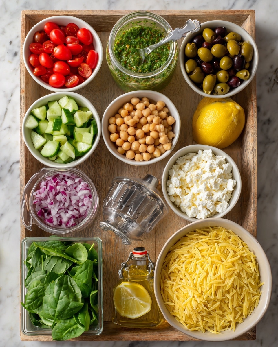 The image shows a wooden tray with several white bowls filled with different ingredients, all placed on a white marbled surface. There are seven bowls visible: one with small halved cherry tomatoes in bright red, one with chopped cucumber chunks in light green, one with crumbled white cheese, one with sliced green olives, one with sliced black olives, one with chickpeas that are light beige, and one with finely chopped red onions. In the center of the tray, there’s a jar with a green herb sauce and a lemon cut in half placed next to the jar. To the right side, there is a large white bowl filled with yellow orzo pasta and a clear plastic container with fresh green spinach leaves below it. A lemon squeezer is also visible on the tray. The scene is well-lit and clear. photo taken with an iphone --ar 4:5 --v 7