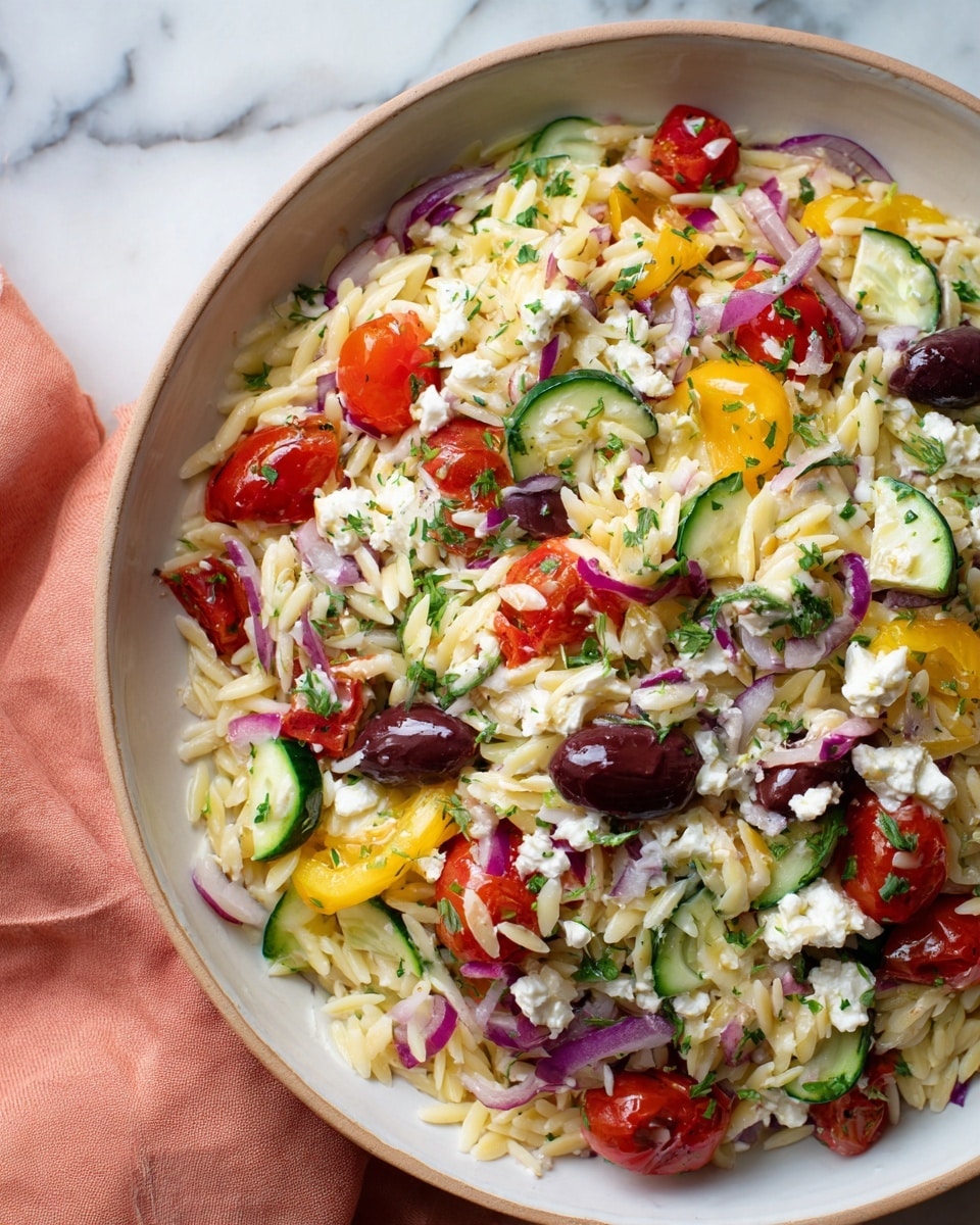 A close-up view of a large white bowl filled with a colorful orzo salad layered with creamy white crumbled cheese, bright red cherry tomato halves, light green cucumber pieces, dark purple Kalamata olives, yellow bell pepper chunks, thin slices of purple onion, and light green fresh herbs sprinkled throughout. The base layer is the pale yellow orzo pasta, giving a soft texture, with the vegetables and cheese sitting on top, creating a fresh and vibrant mix. The bowl rests on a white marbled surface with a soft peach cloth partially visible below. Photo taken with an iphone --ar 4:5 --v 7