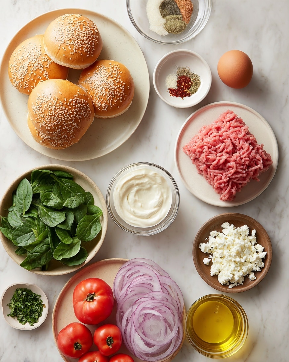 The image shows ingredients for a meal laid out on a white marbled surface. There are four seeded sandwich buns stacked on the left side, each with a golden-brown crust and seeds on top. Above the buns is a small bowl with a mix of spices in light beige, white, and red colors. Next to the bowl, there is a single brown egg. To the right, a large clear glass bowl contains a block of raw pink ground meat. Below the egg plate, a smaller bowl holds a creamy white sauce. In the center, a beige plate has fresh green spinach leaves. Below it, a brown plate features chopped red onions and fresh green herbs. A small glass bowl with white crumbly cheese and a clear bowl with yellow olive oil are placed nearby. On the right side, a large white plate holds sliced red onions in neat circles and two whole red tomatoes. The scene is bright and clean, taken from above. photo taken with an iphone --ar 4:5 --v 7