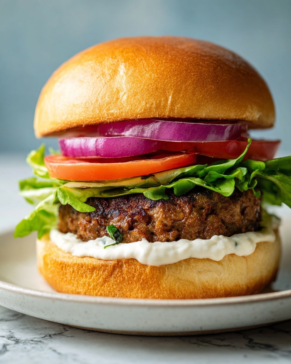 A close-up image of a burger on a white plate with a white marbled surface background. The burger has a soft, shiny, golden-brown bun on top. Below the bun are two thin slices of red onion with a deep purple color, followed by a sliced red tomato. Under the tomato, there is a layer of fresh green leafy lettuce mixed with a creamy white sauce giving it a slightly wet texture. The main patty is thick, grilled, and brown with some green herbs visible inside. At the bottom, a thick spread of creamy white sauce is spread on the bottom bun, which is also soft and golden-brown. Photo taken with an iphone --ar 4:5 --v 7