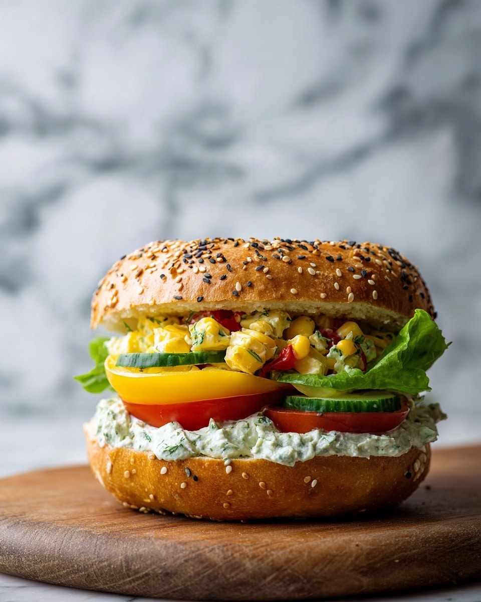 A sesame bagel sandwich sits on a wooden board, showing three main layers inside. The bottom layer is a creamy spread mixed with green herbs, followed by a bright yellow tomato slice and a green lettuce leaf. On top, there is a chunky salad made of small pieces of red bell pepper, yellow corn, and green cucumber in a white creamy dressing. The bagel top is golden brown and thickly covered with sesame seeds. The background shows a blurred white marbled texture. photo taken with an iphone --ar 4:5 --v 7
