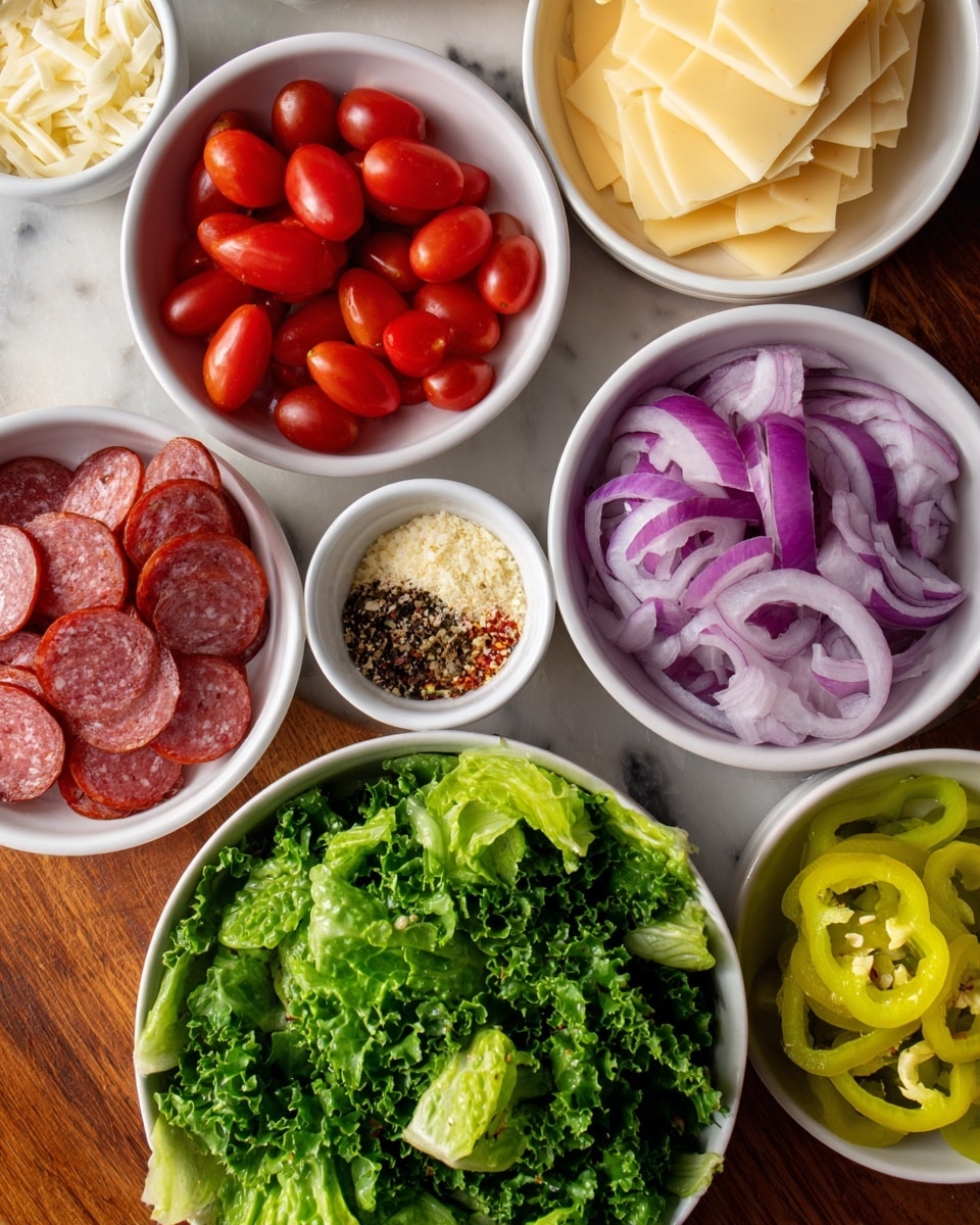The image shows a white bowl at the bottom filled with bright green chopped lettuce with a fresh and crisp texture. Above it, there are five small white bowls arranged in a semicircle on a wooden surface. In the center bowl, there are shiny red cherry tomatoes, some halved to show their juicy inside. To the right of the tomatoes, thin slices of purple onion with a smooth, slightly shiny texture fill a bowl. Above this, a bowl is filled with pale yellow cheese slices stacked neatly. To the left of the cheese, another bowl contains a mix of red pepperoni slices and darker salami pieces arranged side by side. To the left of the meats, there’s a bowl of bright yellow-green banana pepper rings. At the top center, a small bowl contains a mix of dry spices with varied colors from white to black and brown, with some creamy mayonnaise or sauce visible underneath. All bowls rest on a white marbled textured surface. photo taken with an iphone --ar 4:5 --v 7