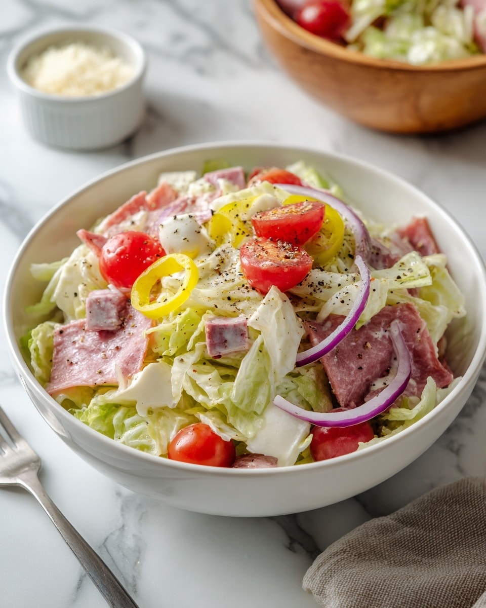 A white bowl filled with a layered salad featuring shredded light green lettuce at the base, topped with bright red cherry tomato halves, thin rings of pale purple onion, small cubes of white cheese, and thin slices of pink cured meat. Bright yellow pepper rings are scattered on top, and the salad is lightly dressed in a creamy sauce with a sprinkling of black pepper and herbs for contrast. The bowl is placed on a white marbled surface with a silver fork nearby, and part of another wooden bowl of salad can be seen in the background along with a small white ramekin of grated cheese. photo taken with an iphone --ar 4:5 --v 7