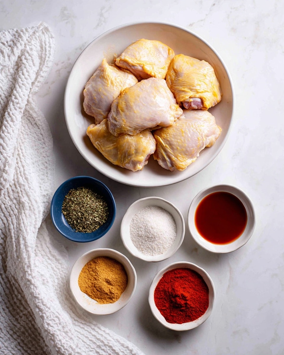 A white bowl filled with raw yellow chicken thighs sits at the top center on a white marbled surface. Below the bowl are six small bowls arranged in a loose semicircle; three blue bowls on the left hold white salt, yellow mustard powder, and beige garlic powder, while three white bowls on the right contain reddish paprika powder, mixed herbs, and a glossy deep red sauce. A white textured cloth is on the left side of the image, partially visible. The scene is bright and clean, focusing on the raw ingredients. photo taken with an iphone --ar 4:5 --v 7