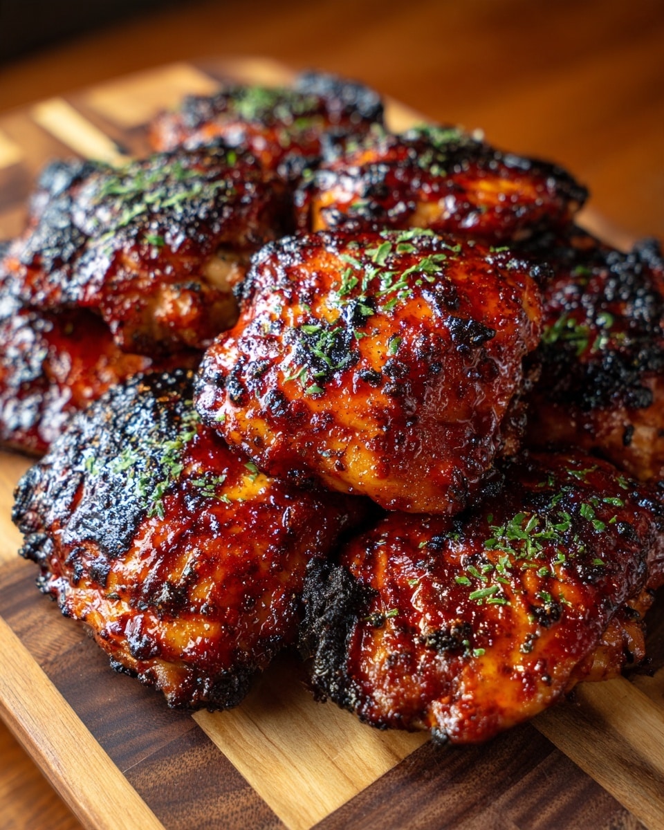 A close-up view of a black dish filled with nine pieces of grilled chicken thighs, each with a thick layer of dark reddish glaze, charred spots, and a shiny texture. The thighs have a rough and slightly crispy surface with some green herb sprinkles on top, giving a fresh contrast. The dish rests on a wooden cutting board that has a checkered pattern with varying wood tones. The light shines on the glossy chicken pieces, showing their juicy and textured surface. photo taken with an iphone --ar 4:5 --v 7