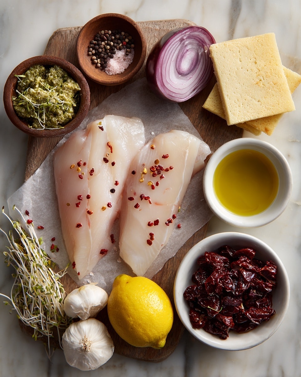 A white marbled surface holds an arrangement of raw food items: two large, pale pink chicken fillets with scattered red pepper flakes lie on light brown paper atop a wooden board; above them is a thick, wide slice of purple-red onion; to the right are two square, light golden bread pieces; further right is a small white bowl filled with dark red sun-dried tomatoes soaked in oil; next to it is a small white dish with golden-yellow olive oil; above that is a small white bowl with bright green pesto sauce; nearby is a fresh lemon with yellow skin; close to the lemon is a cluster of white garlic bulbs; to the left top corner is a small wooden bowl containing black peppercorns and pink salt mixed with green dried herbs; and finally, a small bundle of greenish-white alfalfa sprouts sits near the center. photo taken with an iphone --ar 4:5 --v 7