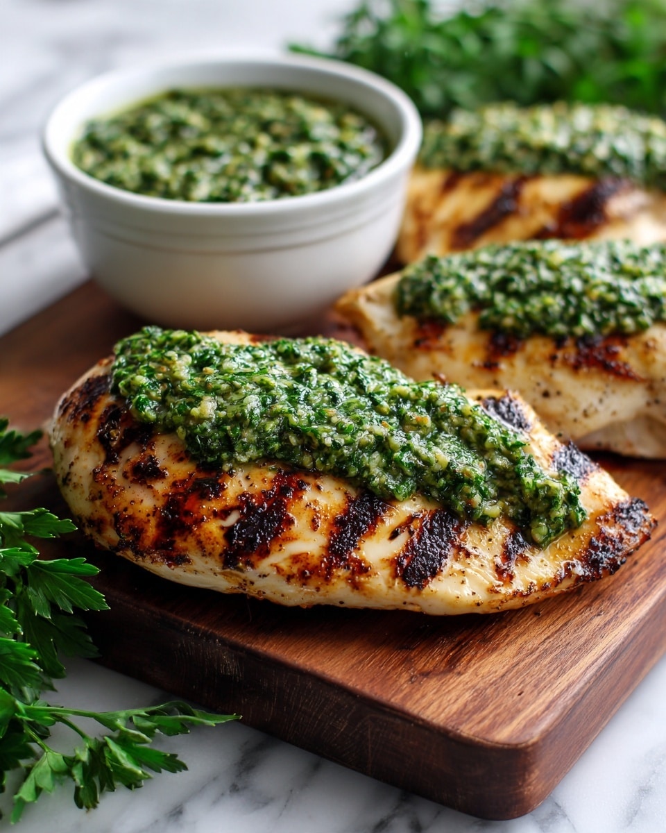 The image shows three grilled chicken pieces placed on a wooden board. Each chicken piece has clear, dark grill marks with a golden-brown surface and is topped with a thick, bright green herb sauce that has a chunky texture. Above the chicken, there is a small white bowl filled with the same green sauce. The background includes some green herbs, and the whole scene is set on a white marbled surface. photo taken with an iphone --ar 4:5 --v 7