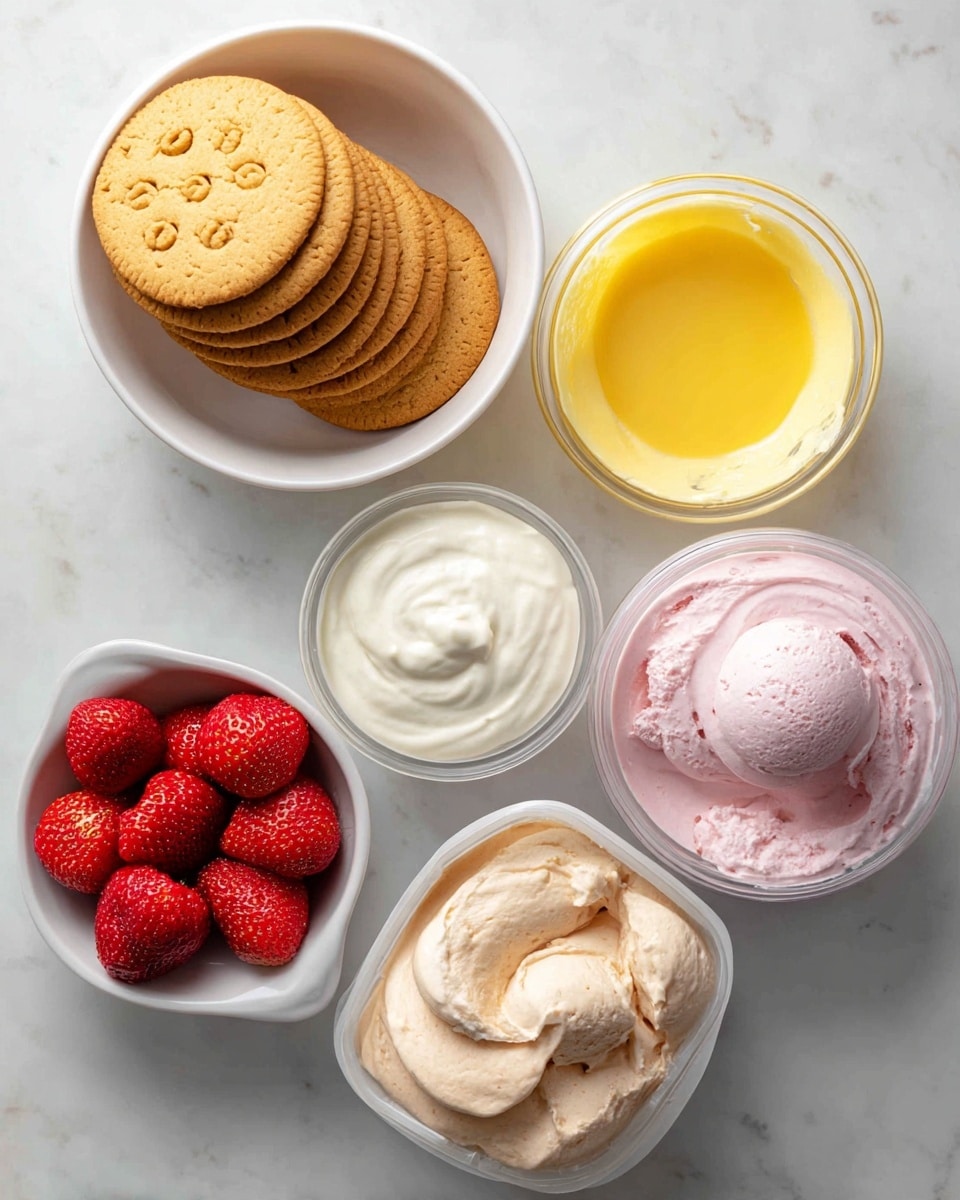 The image shows several white bowls and clear containers on a white marbled surface, each holding different ingredients. In the top left white bowl, there is a stack of round, golden brown cookies with simple patterns on top. Below it, a clear round container is filled with smooth white cream. To the right of the top white bowl, a small white bowl contains bright yellow melted butter. Next to it, a white bowl holds small red strawberries, while below this bowl, a smaller bowl contains more bright red strawberries. At the bottom right, there is another white bowl filled with round golden brown cookies with a slightly different pattern. Also on the right side, two clear rectangular containers hold creamy ice creams or whipped mixtures, one light pink with soft swirled peaks, and one light beige with subtle specks and gentle folds. Photo taken with an iphone --ar 4:5 --v 7