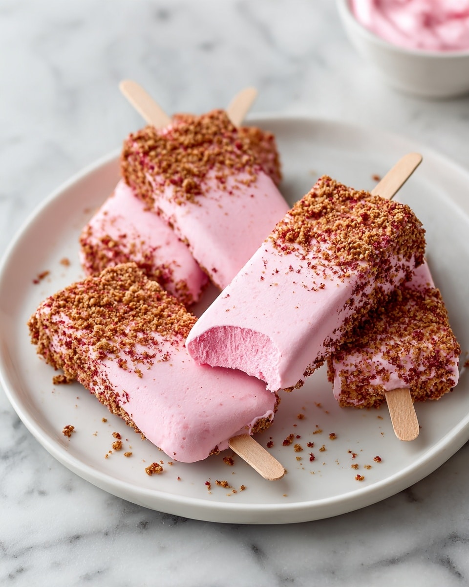 Four pink ice cream bars covered with a crumbly brown and red coating sit on a white plate, which rests on a white marbled surface. One bar in the front has a bite taken out, showing the smooth pink inside. Clear sticks peek out from each bar, highlighting their popsicle style. The crumb coating looks rough and uneven, adding texture on top of the soft ice cream beneath. photo taken with an iphone --ar 4:5 --v 7