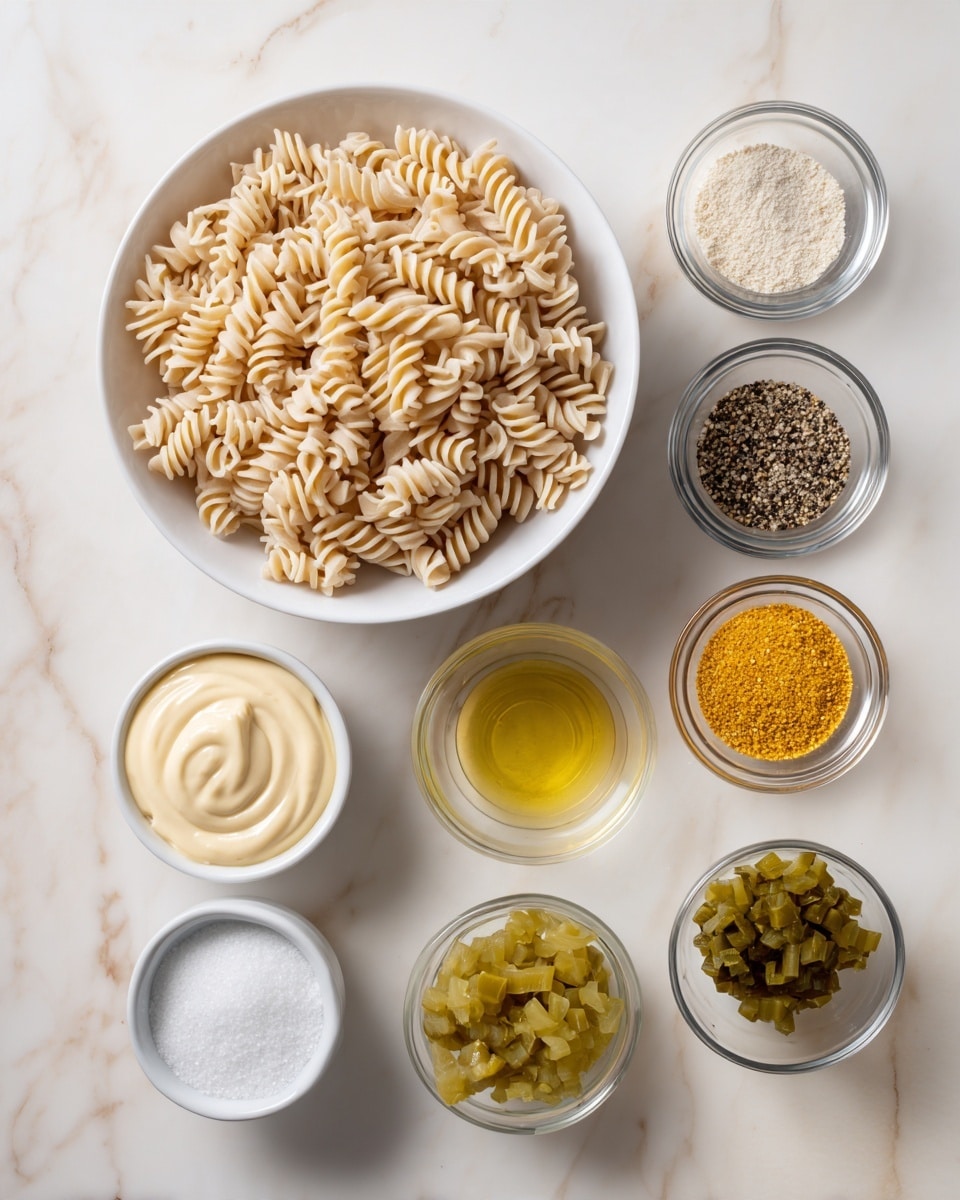 A white bowl filled with twisted, light beige dry pasta sits on the left side. Surrounding it are eight small bowls arranged neatly: a white bowl with white salt and black pepper mix on the top right, clear glass bowls holding yellow powder, black pepper, small diced green pickles, light brown liquid, and yellow mustard spread clockwise around the pasta. At the bottom left is a small white bowl with white sugar and next to it a white bowl filled with smooth, creamy pale yellow mayonnaise. All bowls are placed on a white marbled surface. Photo taken with an iphone --ar 4:5 --v 7
