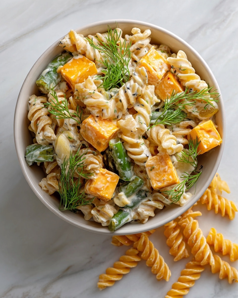 A white bowl filled with twisted rotini pasta in a creamy white sauce, mixed with large bright orange cheese cubes and vibrant green pickle slices. The pasta is well coated with the creamy sauce while fresh green dill sprigs are scattered on top, adding a pop of color. A few uncooked rotini pieces are placed on the white marbled surface beside the bowl, giving a casual feel to the dish. photo taken with an iphone --ar 4:5 --v 7