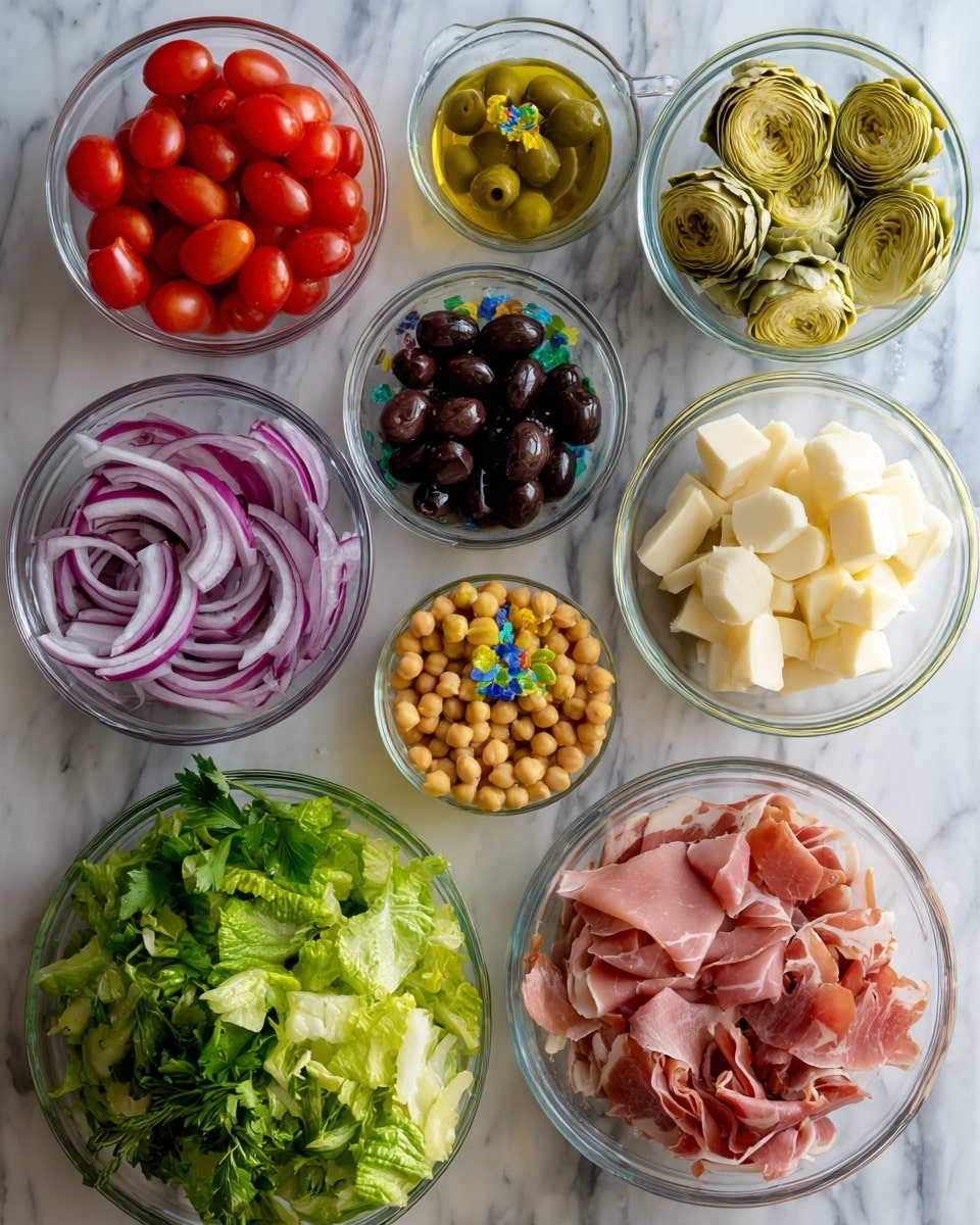 The image shows multiple clear glass bowls on a white marbled surface, each containing different colorful ingredients arranged neatly. In the top row, there is a bowl of halved red cherry tomatoes, a bowl of pale green artichoke hearts, and a bowl of dark black olives. Below these, there is a bowl with thinly sliced red onions, a glass bottle with light yellow oil and blue floral designs, and a large bowl with thin pink slices of cured meat alongside white cheese cubes and small yellow peppers. At the bottom left, there is a large bowl filled with green leafy lettuce and parsley leaves, and to the right of it are chickpeas with a small glass bowl of herbs placed on top. The overall layout is clean and visually appealing with vibrant colors that contrast against the white marbled background photo taken with an iphone --ar 4:5 --v 7