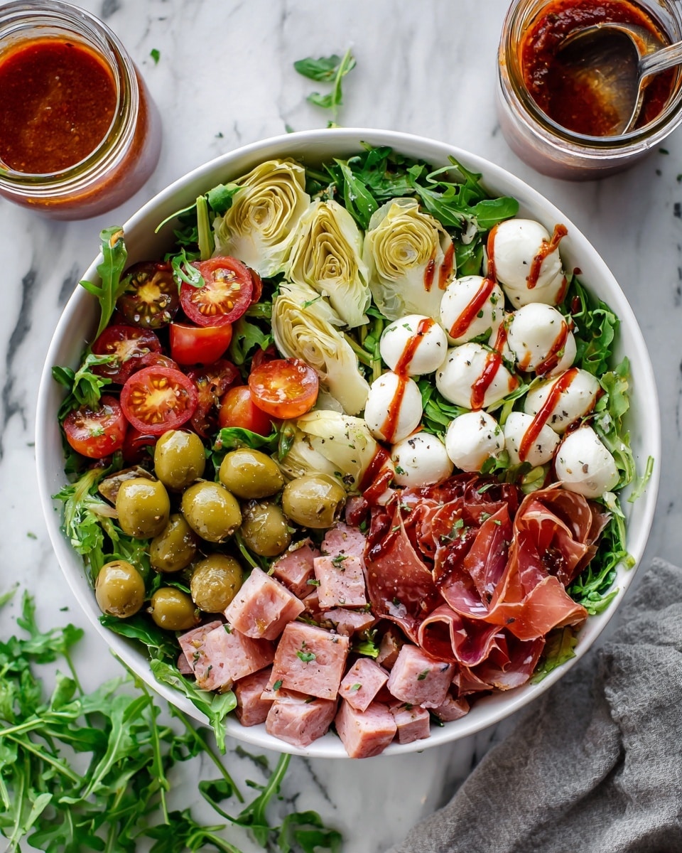 A fresh salad served in a large white bowl on a white marbled surface shows multiple layers: the base is a mix of green leafy vegetables, including arugula and lettuce. On top, scattered pieces of light green olives, small white mozzarella balls drizzled with reddish-brown dressing, and thin light pink slices of cured meat. Other toppings include small red cherry tomato halves, light beige artichoke hearts, and square pieces of pinkish sliced sausage. A jar of reddish dressing sits next to the bowl, and some green arugula leaves are placed nearby. photo taken with an iphone --ar 4:5 --v 7