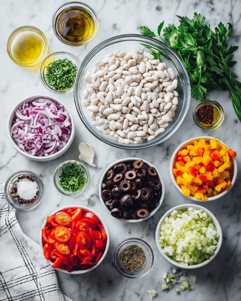 A top-down view of multiple small white bowls and one glass bowl arranged neatly on a white marbled surface. The largest glass bowl at the top center holds a generous amount of white beans. Surrounding it are small white bowls filled with finely sliced red onion, black olives, chopped green herbs, grated cheese, chopped colorful bell peppers (red, yellow, orange), minced garlic, and a small pile of cherry tomatoes cut in half inside a glass bowl. There are also small containers holding liquid ingredients like olive oil and red vinegar, as well as small spice piles including pepper, salt, and dried herbs. Fresh green parsley lies on the top right corner beside a white cloth with black lines. photo taken with an iphone --ar 4:5 --v 7