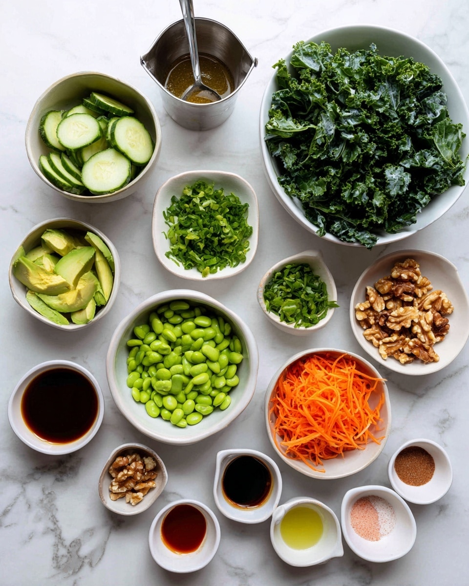 A top view of many small white bowls and cups arranged on a white marbled surface, each filled with different fresh ingredients and sauces: the top row has a large white bowl full of chopped dark green leafy kale and a small white bowl with bright green chopped herbs; below that, a medium white bowl filled with bright green edamame beans, next to a white bowl with orange shredded carrots; to the left, a white bowl with sliced avocado and a white bowl with chopped green onions; above those, a metal cup with slices of cucumber and a white cup with walnuts; scattered around the bottom area are small white cups with various sauces and seasonings in different colors including dark brown, pale green, pink with salt, and reddish sauce, all on a clean white marbled surface photo taken with an iphone --ar 4:5 --v 7