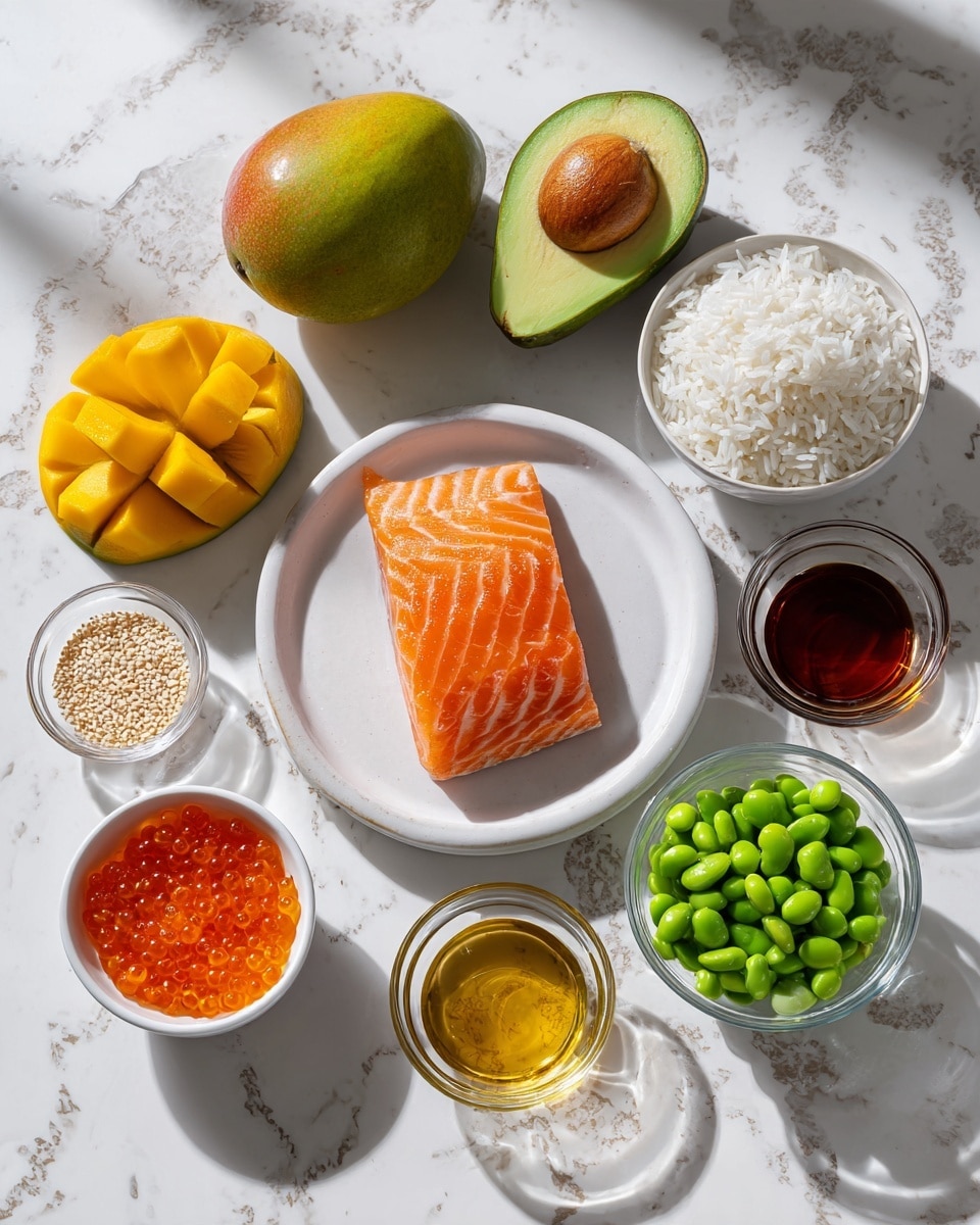 The image shows several white dishes on a white marbled surface with different food items. One white round plate holds a whole mango and a sliced avocado with the seed inside one half. A separate small white bowl contains bright orange fish eggs. Another white plate displays a piece of raw salmon with clear white lines. A small clear bowl contains sesame seeds next to four small clear bowls with different liquids in colors ranging from light brown to dark brown. A small white bowl holds bright green edamame beans, and another white bowl contains white cooked rice. The light comes from the top left, casting soft shadows. Photo taken with an iphone --ar 4:5 --v 7