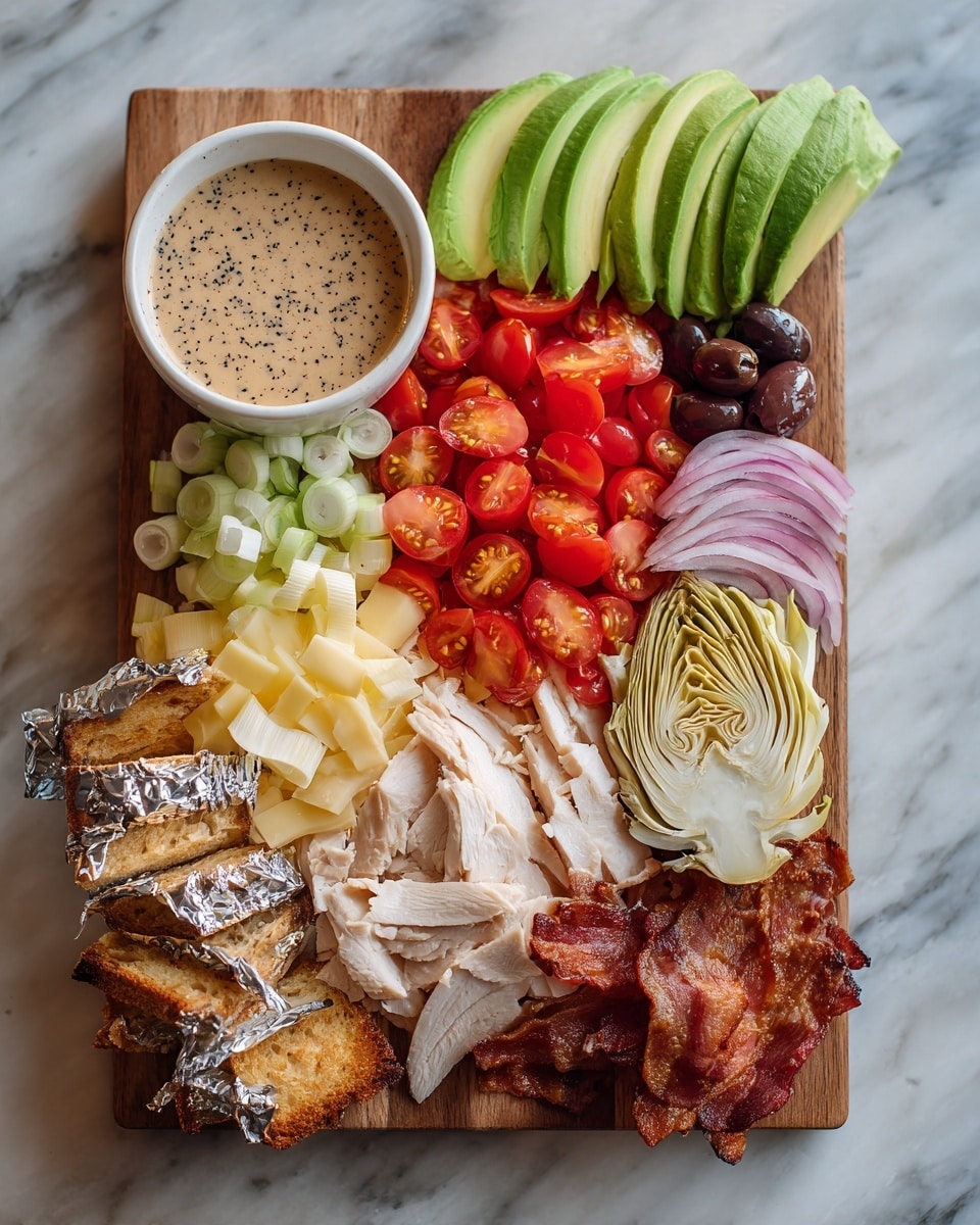 The image shows a wooden cutting board with layers of different food items arranged neatly. On the left side, there is a white bowl filled with light brown dressing with black and white seeds. Next to it are two thick green slices of avocado. Towards the center, a pile of bright red sliced cherry tomatoes forms a loose cluster. Below the tomatoes are thin pale yellow rings of sliced leek and small, rough white crumbles of cheese. On the right side, at the top is a whole, small bright red pepper beside one dark purple olive and thin pale pink slices of onion. Below these is a pale green half artichoke leaf. On the bottom right, there are thin off-white slices of roasted turkey. At the bottom left, clusters of torn light brown toasted bread pieces rest on foil, and next to them on foil is a crispy piece of browned bacon. The cutting board sits on a white marbled surface. photo taken with an iphone --ar 4:5 --v 7