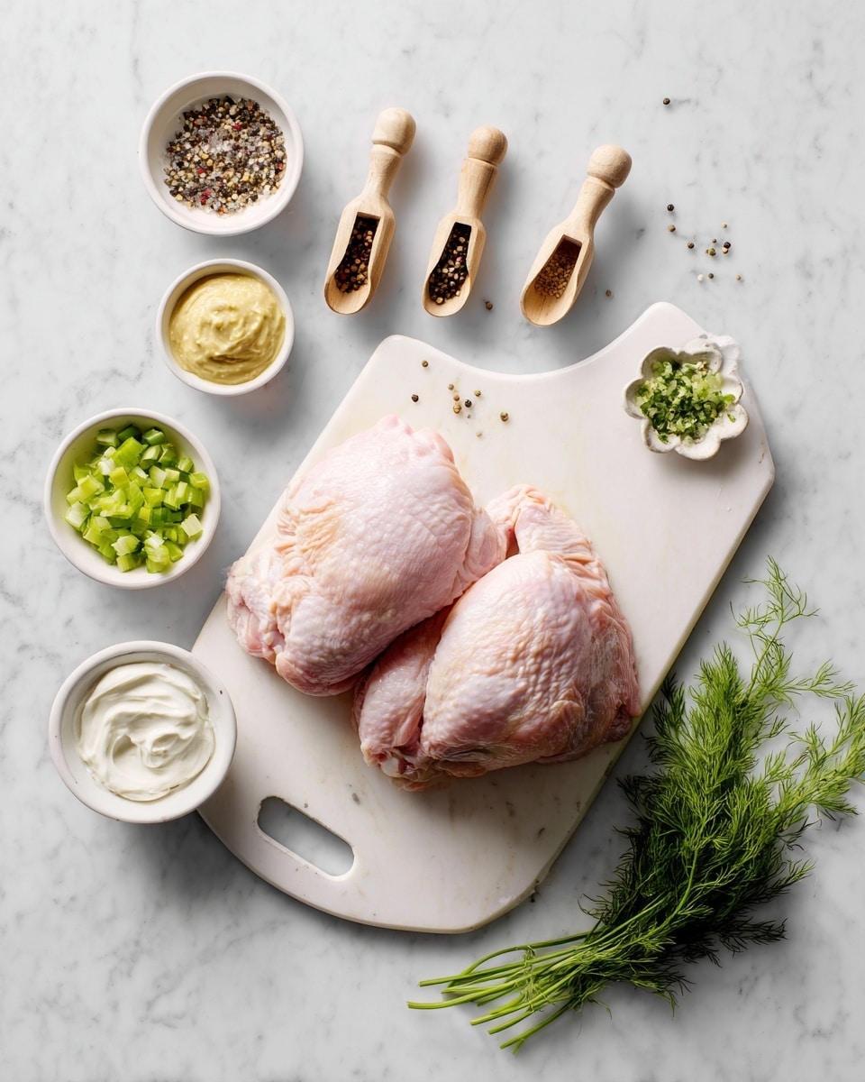 The image shows two raw pink chicken pieces placed side by side on a white cutting board with a handle, set against a white marbled surface. Around the board, there are several small white bowls containing different ingredients: finely chopped green celery, light tan mustard, a creamy white sauce, and a white yogurt-like substance. Three small wooden scoops are arranged at the top with black pepper and other spices. A small bunch of fresh green dill lies near the bottom right corner. The colors are soft and natural with a clean, fresh look. photo taken with an iphone --ar 4:5 --v 7