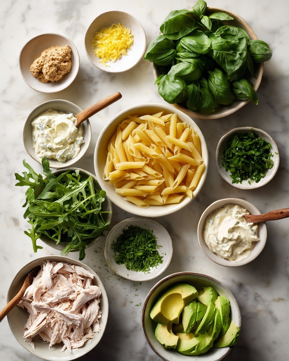 The image shows multiple white bowls and small cups arranged on a white marbled surface, each filled with different ingredients. From the top left, there is a small cup with a light brown paste and another cup with a yellow zest. Below, a bowl has fresh dark green basil leaves. In the center, a bowl holds uncooked yellow penne pasta. To the upper right, bowls contain bright green parsley and finely chopped chives. In the middle right, two small cups have creamy white and beige yogurt-like textures with wooden-handled spoons in each. Below, a large bowl has fresh leafy arugula, and another bowl below it holds deep green spinach leaves. At the bottom right, another bowl features sliced avocado with its light green flesh visible. Finally, a bowl at the lower left holds pieces of light pink shredded cooked chicken. Photo taken with an iphone --ar 4:5 --v 7