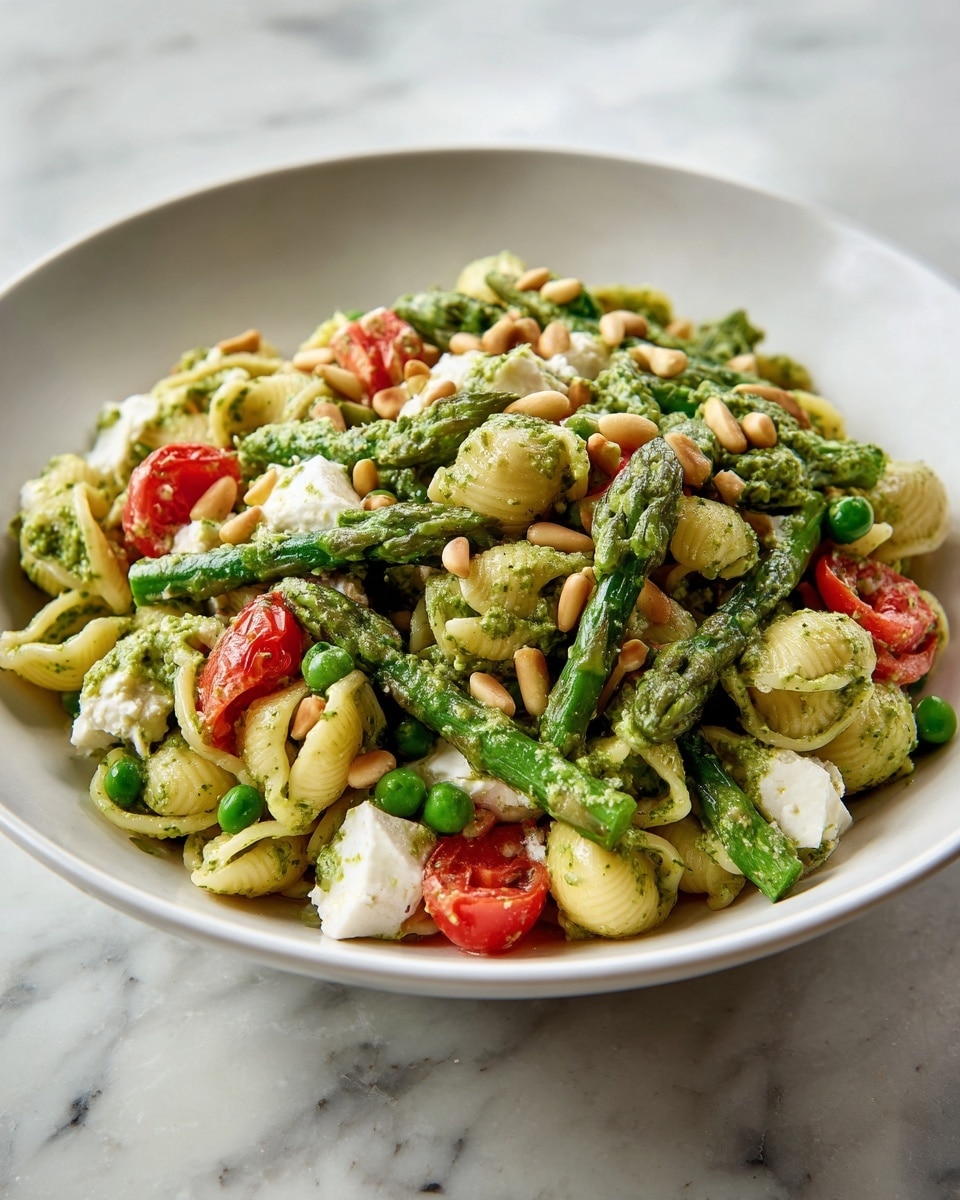 The dish shows a large white bowl filled with a colorful pasta salad. The bottom layer is twisted shell pasta coated in a creamy, light green pesto sauce. Mixed throughout are bright green asparagus pieces and green peas, adding fresh color and texture. There are chunks of white cheese scattered evenly around the bowl, along with small red tomato pieces. Light brown pine nuts are sprinkled on top, giving a crunchy look. The bowl sits on a white marbled surface, and the light highlights the fresh ingredients and creamy sauce. photo taken with an iphone --ar 4:5 --v 7