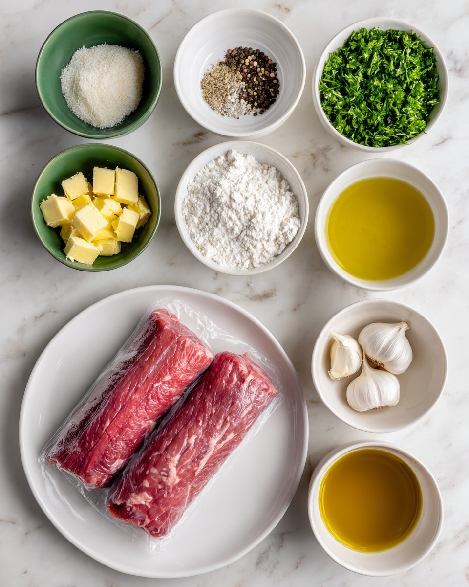 The image shows raw beef tenderloin in vacuum-sealed packaging placed on a white plate near the bottom center. Surrounding it are seven small bowls arranged in two vertical rows on a white marbled surface. The left row has three green bowls with diced yellow butter on top, white flour below, and dried black pepper in a white bowl at the top. The right row has a green bowl filled with fresh green parsley at the top, then two white bowls with golden yellow oil and brown broth below it. Near the bottom right corner, a white bowl contains whole garlic cloves, and a rough salt and pepper mix sits in a white bowl next to it. Photo taken with an iphone --ar 4:5 --v 7