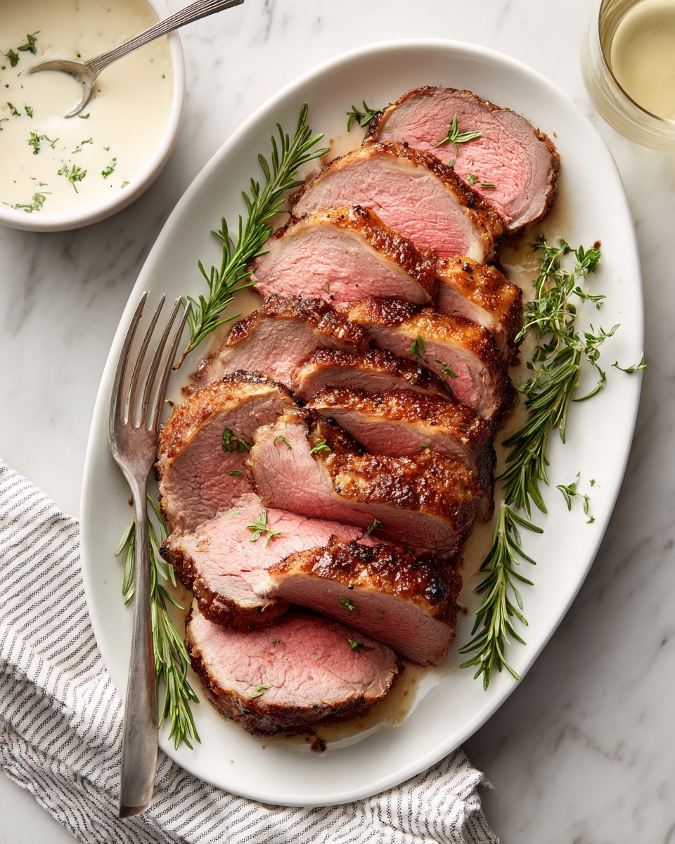Beef Tenderloin Tips with Zip Sauce Recipe 5 A white oval plate holds ten slices of medium-rare roasted meat, each slice showing a pink center and a browned, slightly crispy edge. The meat slices are layered neatly, overlapping each other to cover the plate's surface. Around the meat, sprigs of fresh green rosemary add a touch of color. A silver fork rests on the left side of the plate. To the top left, a white round bowl containing a creamy white sauce with green herbs is placed, with a spoon sticking out. The white marbled surface underneath complements the clean and simple setting, with a striped cloth near the fork and a glass of white wine visible at the bottom right. Photo taken with an iphone --ar 4:5 --v 7