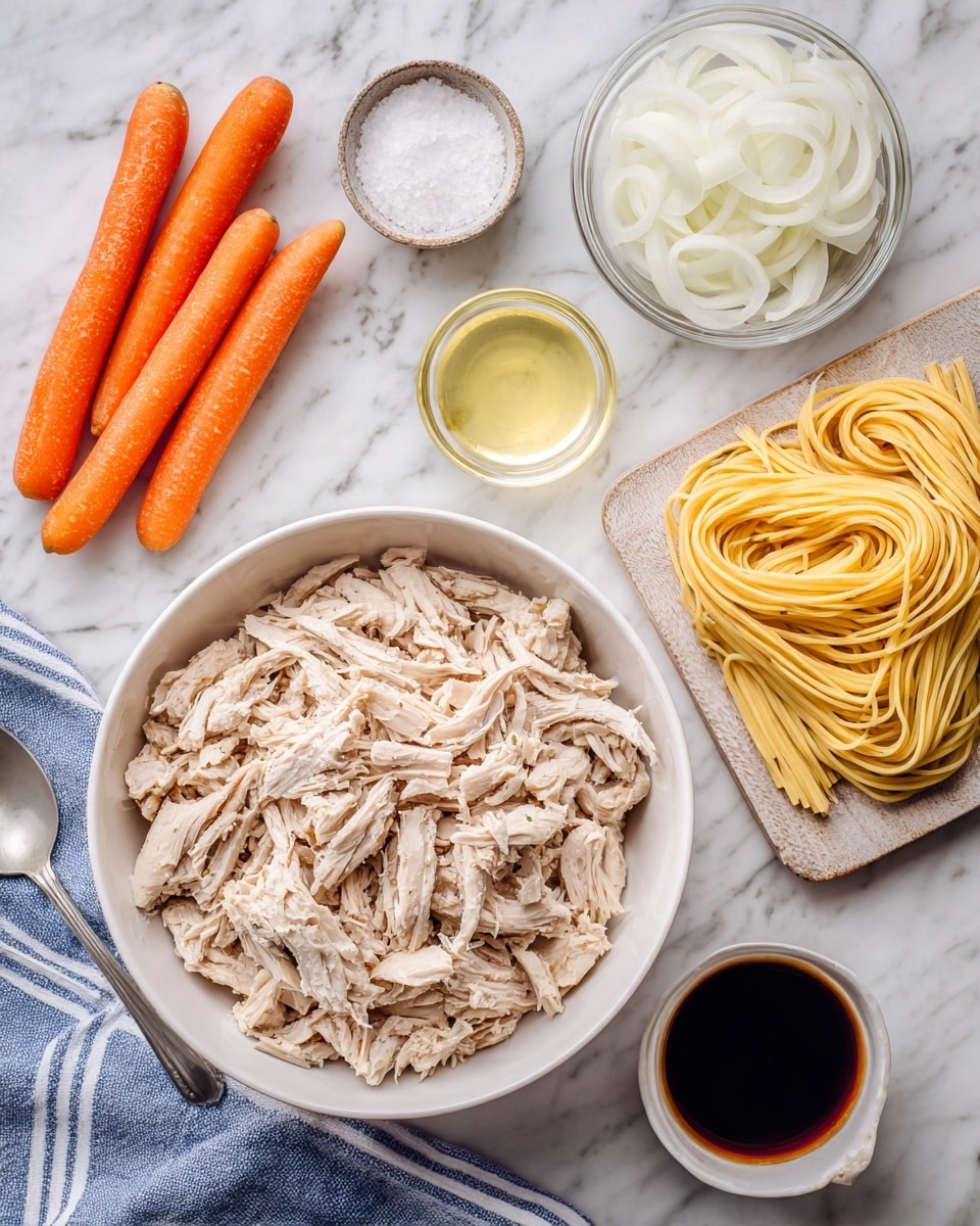 The image shows a white bowl in the center filled with shredded light brown cooked chicken. To the right of the bowl, there is a small glass bowl with thin white onion slices layered on top of each other. Next to that is a pile of uncooked yellow spaghetti pasta lying flat on a white wooden board. To the left of the bowl of chicken, there are three whole peeled orange carrots placed parallel to each other. Above the chicken bowl, there is another glass bowl filled with sliced white onions. Below the carrots, there is a silver spoon with a clear yellow liquid, a small glass cup with a clear liquid, a small clear container with white salt, and a slightly larger cup with dark soy sauce. All these items are arranged on a white marbled surface with a blue and white striped cloth partially visible at the top left corner of the image. photo taken with an iphone --ar 4:5 --v 7
