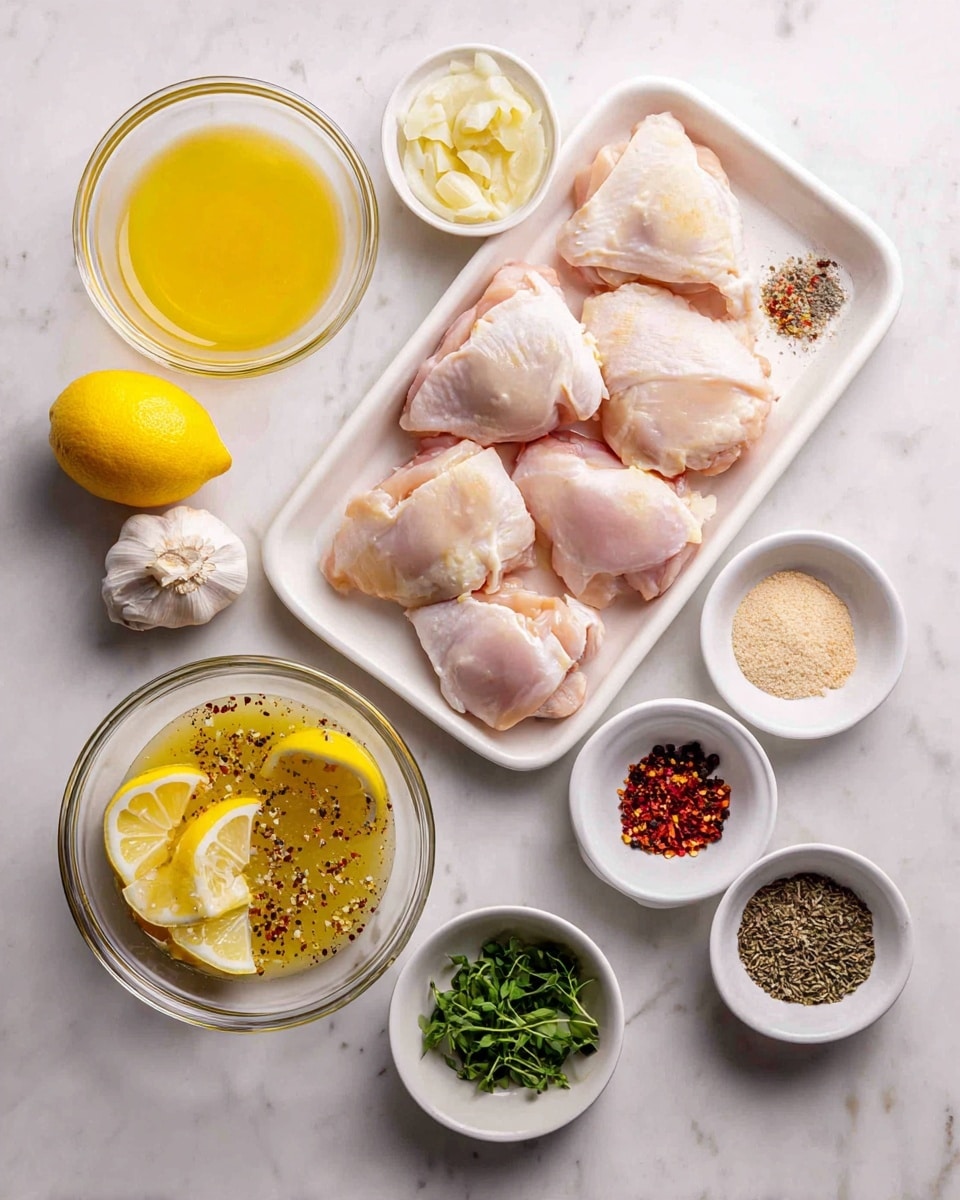 The image shows a white rectangular tray with six raw chicken thighs on the right side. To the left of the tray are several small clear bowls: one with yellow-orange liquid, one with crushed garlic, one with sliced yellow lemons, and a larger bowl with chicken pieces in a light yellow marinade sprinkled with spices. Surrounding these bowls are small white dishes filled with different spices—black pepper, salt, red chili flakes, and a beige powder—as well as a small bowl of fresh green herbs. All items are arranged neatly on a white marbled surface, bright and evenly lit. Photo taken with an iphone --ar 4:5 --v 7
