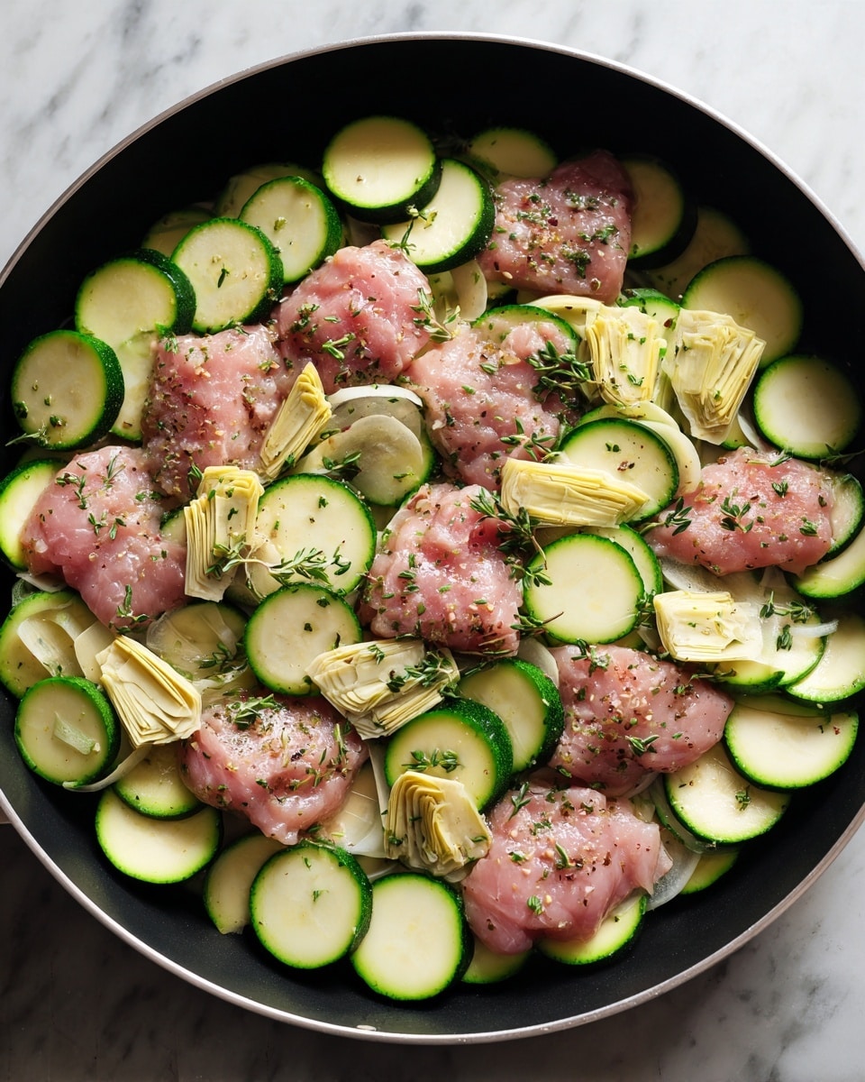 Top view of a black skillet filled with several pieces of light pink seasoned raw meat layered evenly on top of sliced green zucchini rounds. Scattered thinly sliced artichoke pieces with a pale beige color are spread throughout the dish. The skillet rests on a white marbled surface. The colors are natural and fresh with meat, vegetables, and herbs clearly visible. photo taken with an iphone --ar 4:5 --v 7