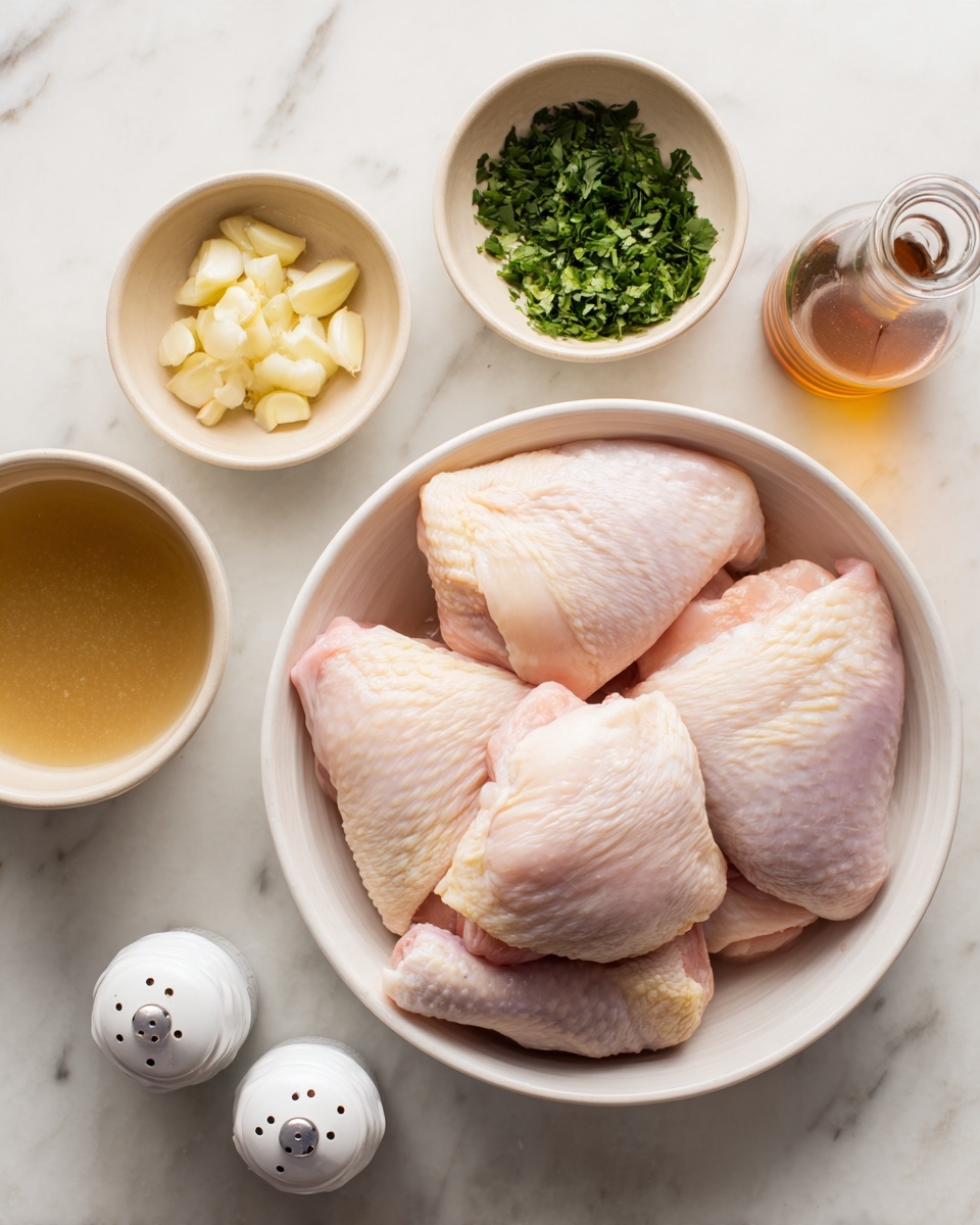 A white bowl in the top right filled with four raw chicken pieces showing light pink skin and smooth texture. Surrounding the bowl on a white marbled surface are three small beige bowls: the top left bowl contains chopped garlic with a pale yellow color, the middle left bowl holds chopped fresh green herbs, and the bottom left bowl is filled with a light brown liquid, likely broth or sauce. In the center bottom area are two small white shakers with silver tops and black holes, possibly salt and pepper, with a clear glass bottle containing brown liquid next to them. Photo taken with an iphone --ar 4:5 --v 7