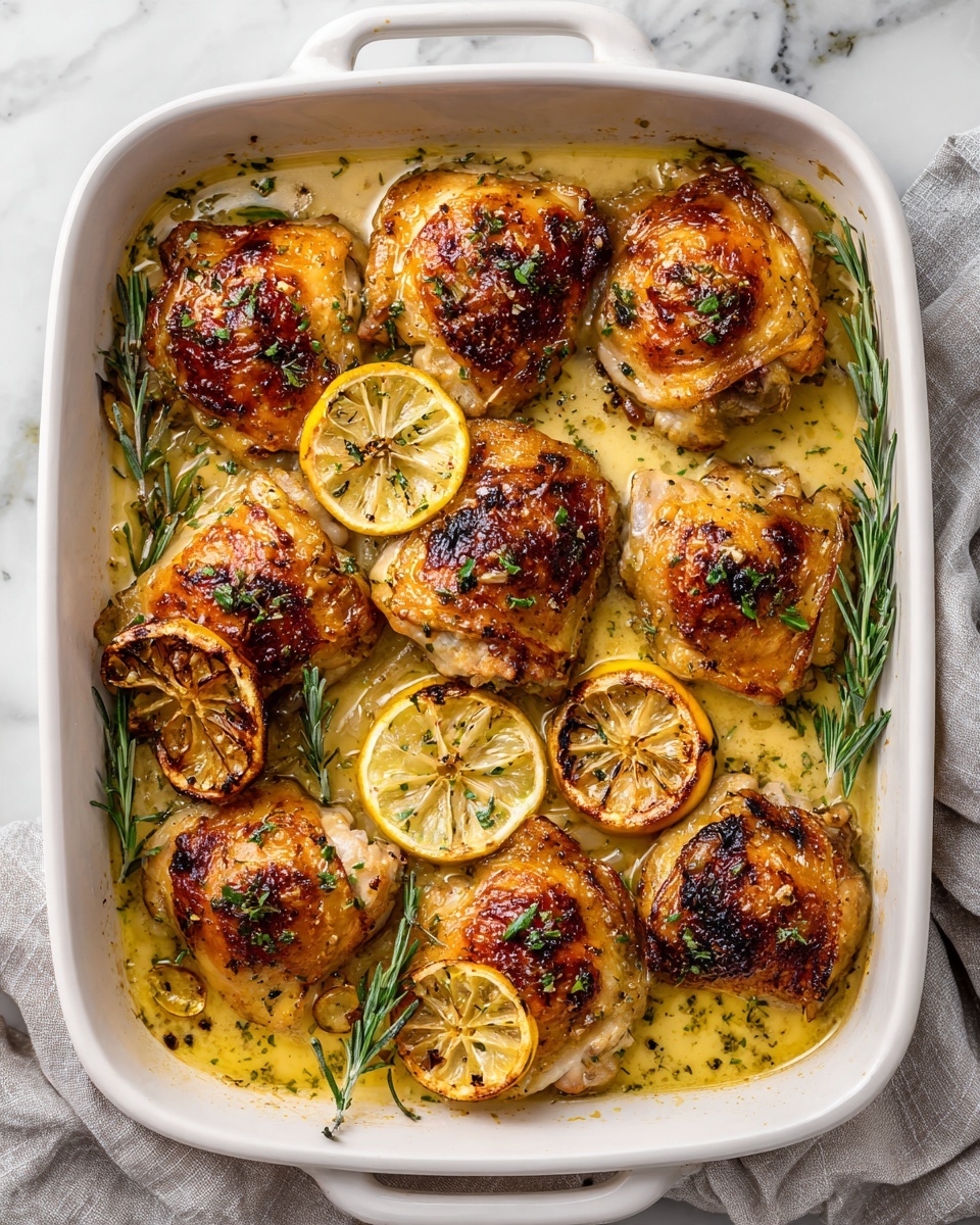 A white baking dish filled with eight pieces of golden brown roasted chicken thighs arranged in two rows, each piece showing crispy skin with dark browned spots. Around the chicken thighs, there are round lemon slices that are caramelized with slightly charred edges. Fresh green rosemary sprigs and small chopped herbs are scattered on top of the chicken and lemon slices. The dish is sitting on a white marbled surface, and there is a soft gray cloth visible near the corner of the dish. The chicken is resting in a light yellow sauce with herbs. photo taken with an iphone --ar 4:5 --v 7