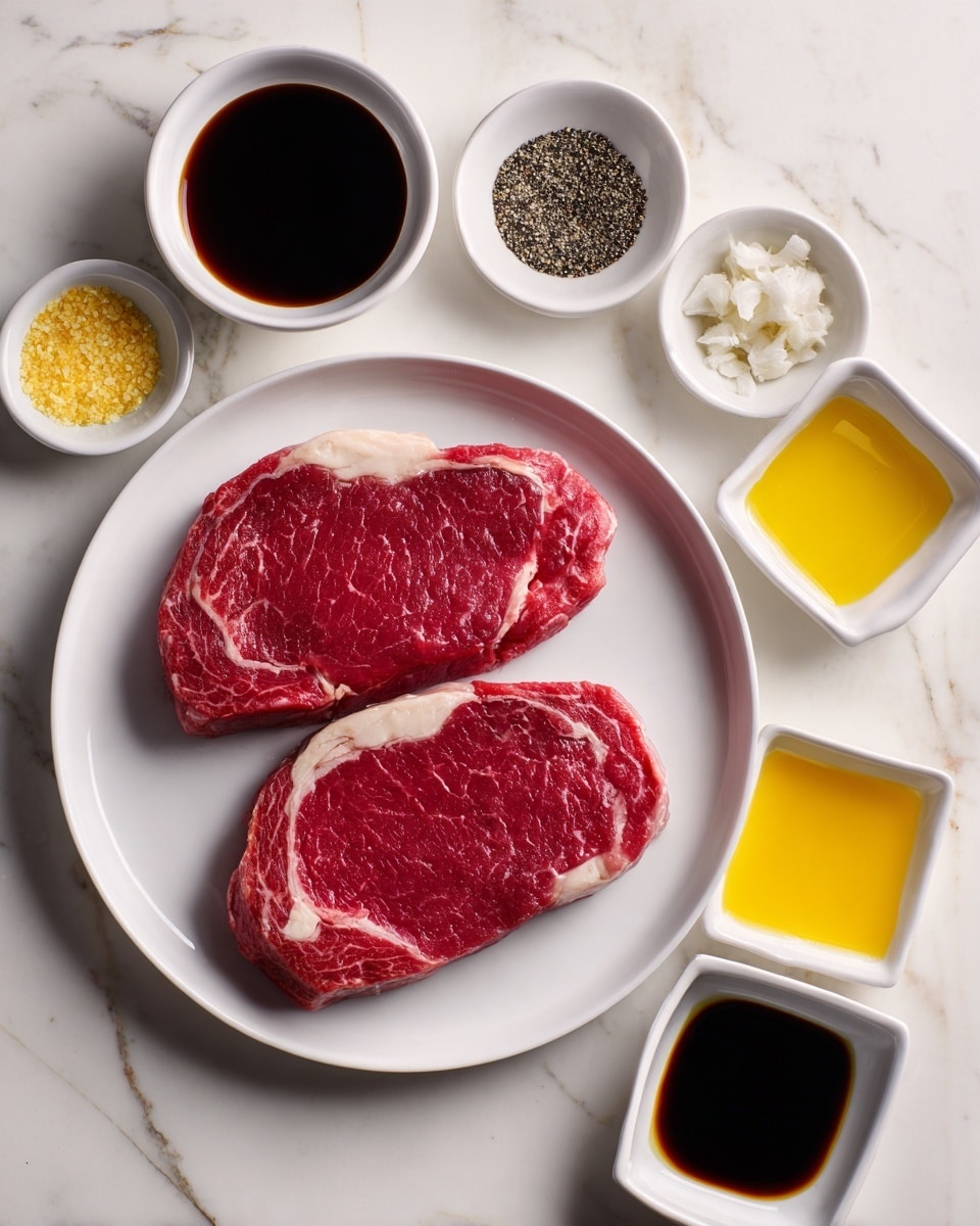 Two raw red steaks with white fat edges lay flat on a round white plate in the center. Around the plate, in a neat layout on a white marbled surface, are six small white bowls. At the top left is a bowl of dark brown sauce, below it a bowl of black pepper, then white salt, and minced garlic in the last bowl at the bottom left. On the right side, from top to bottom, the three small white square bowls hold light yellow sauce, yellow oil, and dark brown thicker sauce. The scene is clean and bright. Photo taken with an iphone --ar 4:5 --v 7