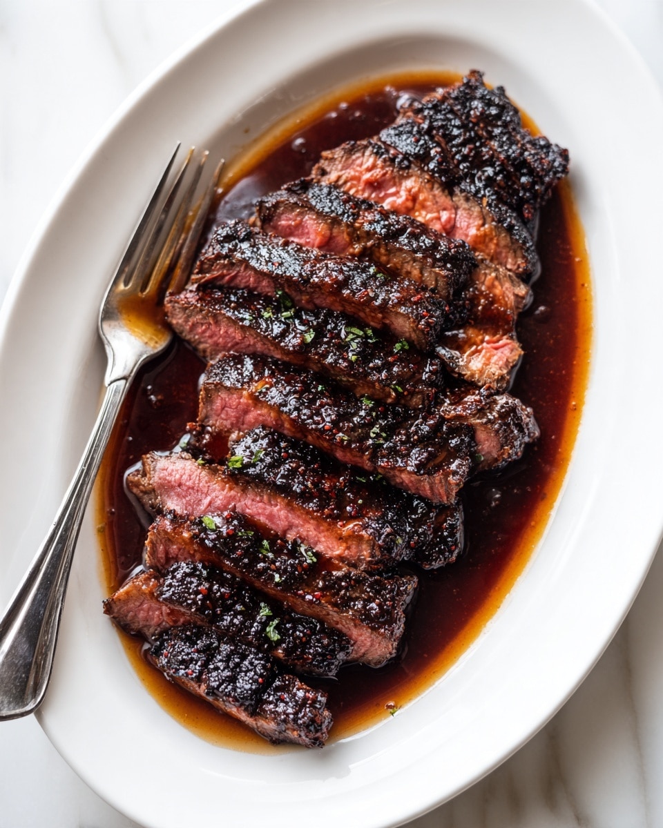 A white oval plate sits on a white marbled surface, filled with two layers of sliced steak arranged lengthwise. The steak slices show a dark, charred crust on the outside with a pinkish, juicy inside, creating a clear contrast of colors and textures. A brown sauce pools around the edges of the meat, adding a glossy finish. A silver fork rests on the lower left edge of the plate, partially in the sauce. The overall image is bright and detailed, highlighting the meat's texture and the sauce's shine. photo taken with an iphone --ar 4:5 --v 7