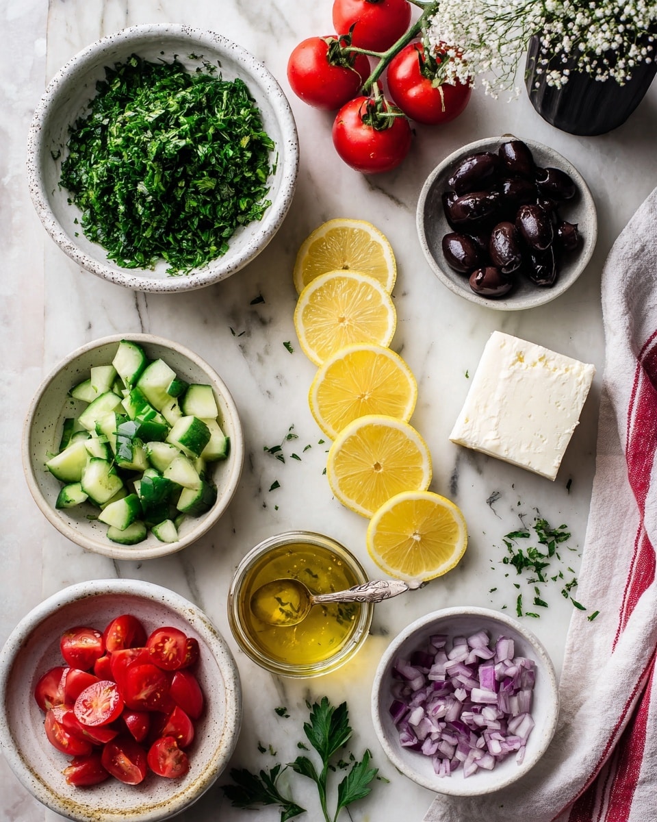 A white bowl at the top left holds chopped green parsley, with some pieces scattered outside the bowl. To its right on a white marbled surface are five slices of bright yellow lemon arranged in a neat vertical line. Next to the lemon slices are a bunch of red tomatoes on the vine and a small round white bowl holding a block of white cheese. Below the parsley bowl, two small white bowls hold black and sliced black olives. A small glass jar in the middle with a spoon contains a golden yellow sauce or dressing. On the bottom left is a bowl filled with green cucumber pieces, and to its right are five loose red tomatoes spread across the surface. A small white bowl on the bottom right holds purple diced onions and a few green herb sprigs lie next to it. A white cloth with red stripes is partially visible on the far right. In the top right corner, there is a small black vase with delicate white flowers. photo taken with an iphone --ar 4:5 --v 7