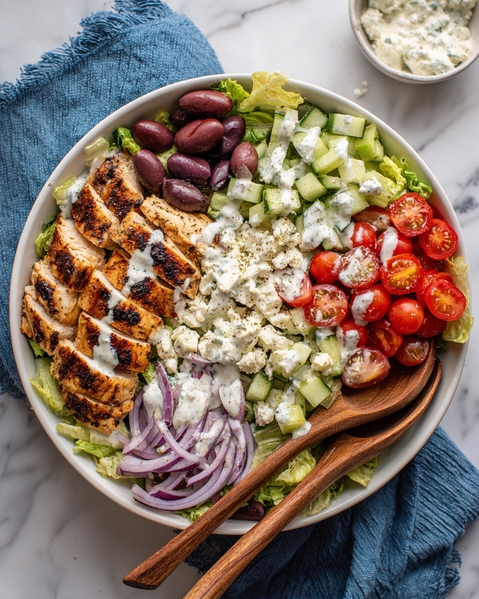 A large white bowl holds a colorful salad with several layers: the bottom layer is mostly green lettuce pieces. Scattered on top are chopped cucumber chunks with light green and pale whitish flesh, halved red grape tomatoes, sliced thin rings of light purple onion, whole dark purple olives, and chunks of grilled golden-brown chicken with black spices on the outside. Creamy white sauce is drizzled over the entire salad, with dollops of soft white cheese evenly spread across. Two wooden salad spoons rest in the bowl near the edges. The bowl sits on a white marbled surface with a blue cloth napkin nearby, along with a small round white bowl partly visible. Photo taken with an iphone --ar 4:5 --v 7