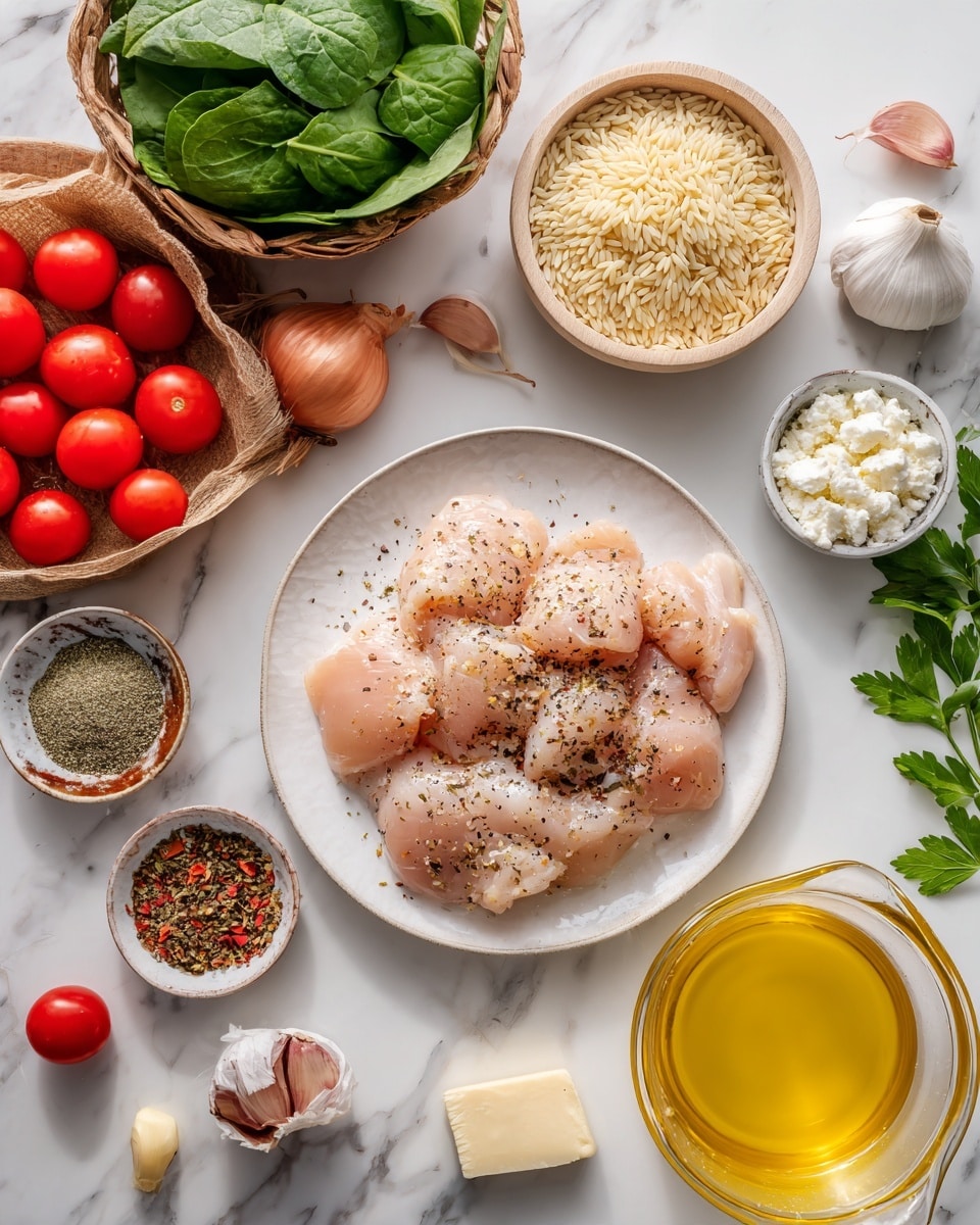 The image shows raw chicken pieces seasoned with black pepper on a white plate positioned on a white marbled surface. Nearby, there is a glass bowl filled with uncooked orzo pasta and a small bowl of white cheese crumbles. A wooden basket holds bright red cherry tomatoes, some scattered on the surface. Fresh green spinach leaves rest in a clear bowl, and fresh shallots are halved near the tomatoes. A small round dish contains mixed spices in red, green, and brown hues. Two peeled garlic cloves, a stick of butter partially sliced on a white butter dish, and a clear measuring cup filled with yellow chicken broth complete the arrangement. A bunch of fresh green parsley is placed off to one side. The setting is bright and clean, all on a white marbled surface. Photo taken with an iphone --ar 4:5 --v 7