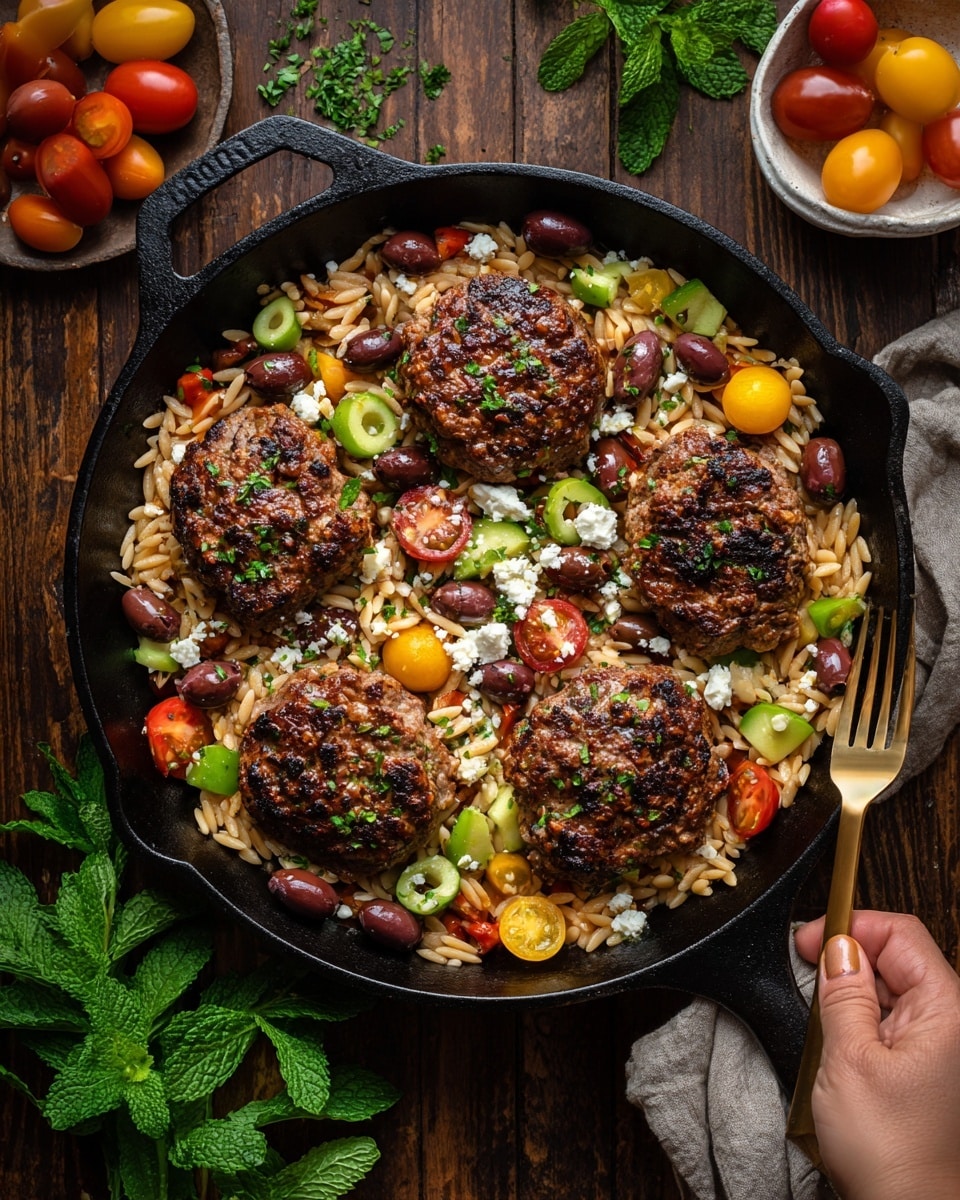 A large black skillet filled with four browned, seasoned pieces of meat, each placed evenly with some space around them. Underneath and around the meat is a layer of orzo pasta mixed with slices of green and black olives, halved red and yellow cherry tomatoes, and diced celery pieces. Small bits of white cheese crumble scattered on top, adding texture and contrast. The skillet is set on a dark wooden surface, with a white bowl nearby holding a few red and orange tomatoes and green mint leaves. A woman's hand is holding a gold fork to the right side of the skillet. Photo taken with an iphone --ar 4:5 --v 7