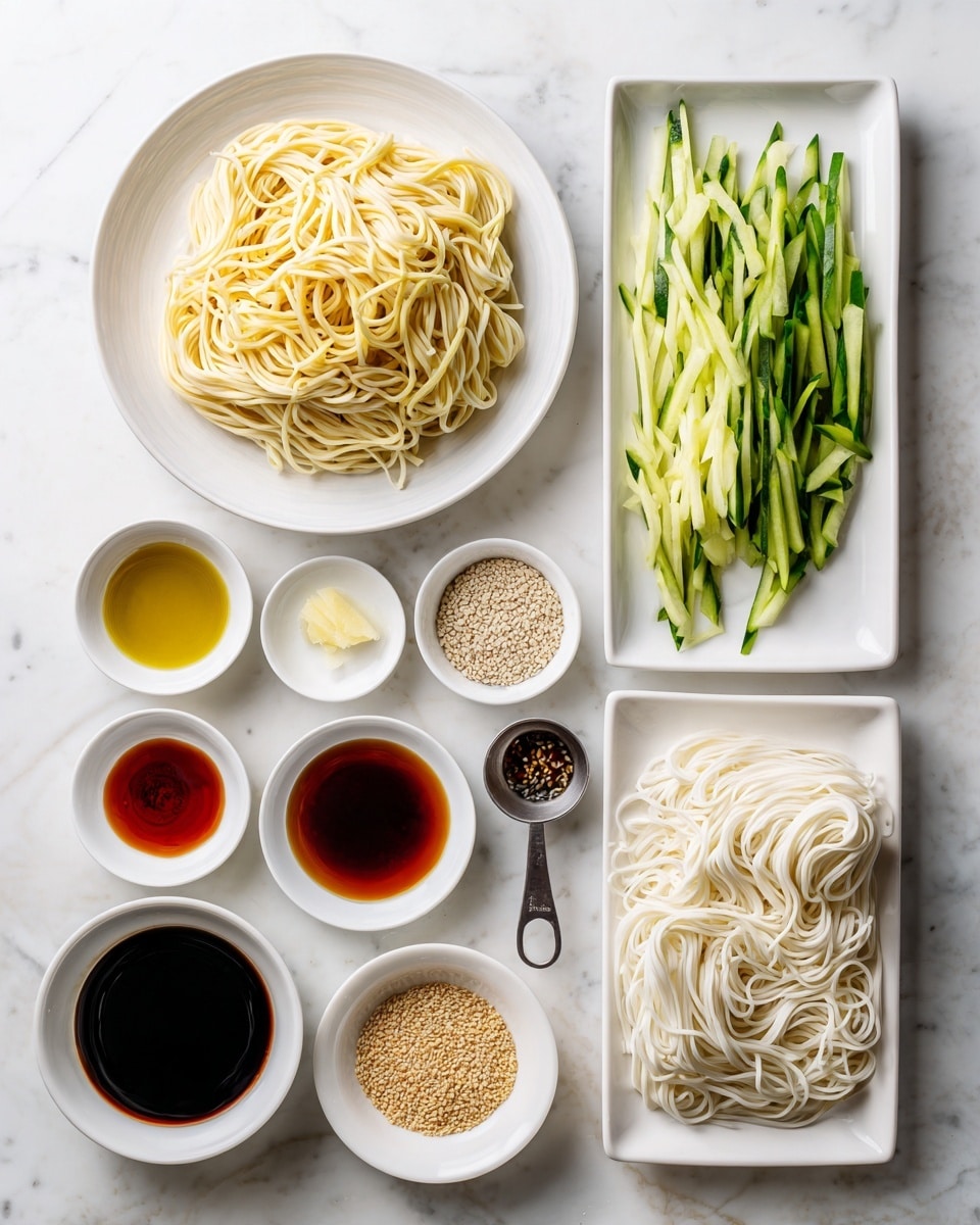 The image shows several food ingredients arranged neatly on a white marbled surface. There is a white plate with cooked beige egg noodles on the left side and another white plate with packaged raw egg white noodles below it. On the top right, a white rectangular dish holds thin green cucumber strips with a small bowl of sesame seeds next to it. Around the ingredients, there are various small white bowls and containers filled with dark soy sauce, light brown oil, chili sauce, vinegar, sugar, and salt, each adding different colors such as black, amber, reddish-brown, and beige. A silver measuring spoon rests near the middle of the setup. The whole scene looks clean and organized, ready for cooking. photo taken with an iphone --ar 4:5 --v 7