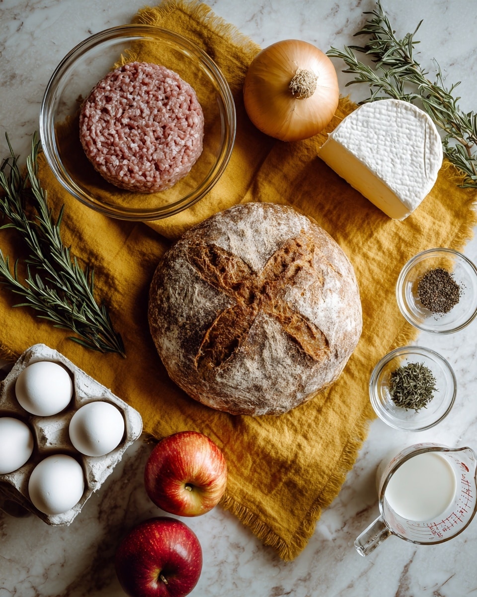 The image shows a wooden surface with a yellow textured cloth in the center. On the cloth, there is a loaf of crusty brown bread with two diagonal cuts on top, a whole yellow onion placed near the top right, and a round cheese wheel with a creamy white rind on the right side. To the left of the cloth, there is a clear glass bowl holding a roll of pink ground meat, accompanied by a fresh sprig of rosemary. In the bottom left corner, a white egg tray contains six white eggs. Two red apples with yellow patches are placed near the cloth, one closer to the bread and the other near three small clear glass bowls holding black pepper, a green herb, and a light-colored powder. A transparent glass measuring cup filled with a white liquid sits at the bottom right of the scene. The entire setup is on a white marbled texture surface. Photo taken with an iphone --ar 4:5 --v 7