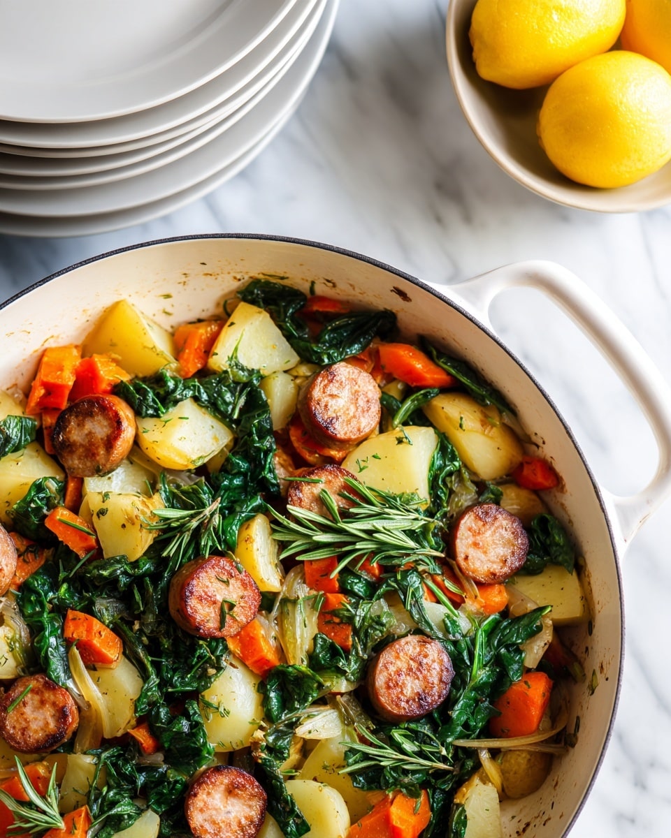 A close-up view of a white pan filled with cooked food, showing four main layers: the first layer is bright orange chunks of cooked carrots, the second layer is pale yellow pieces of cooked potatoes, the third layer is dark green fresh spinach leaves spread unevenly, and the fourth layer is browned round slices of sausage placed on top, all mixed together. The pan is on a white marbled surface, and in the top left corner, there's a stack of white plates with some yellow lemons placed beside them. Photo taken with an iphone --ar 4:5 --v 7