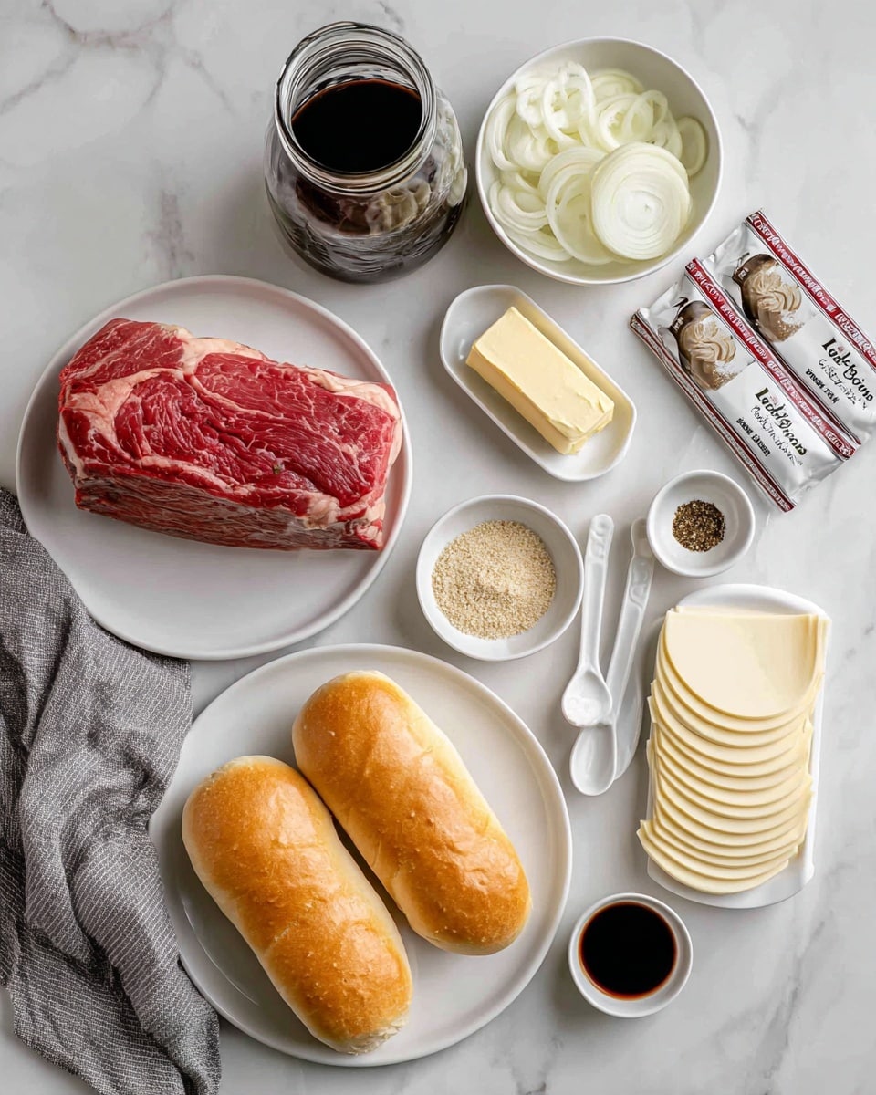 The image shows several ingredients neatly arranged on a white marbled surface. In the center left, a white plate holds a large raw beef roast with a layer of fat on one side. Below the plate, there are three sandwich hoagie rolls with a golden-brown crust. To the right of the beef, there is a stack of round white cheese slices fanned out in two layers. Above the cheese, a small white bowl holds light brown granulated seasoning. Near the center, a rectangular white dish contains a block of butter. Above the butter, three small white spoons hold minced garlic, black pepper, and soy sauce, arranged left to right. To the top left, a large glass jar contains a dark brown liquid. Near the upper left, a small white bowl is filled with thick white onion slices. Two Lipton Recipe Secrets packets lie stacked near the center top. A gray and white cloth is partially visible at the bottom left corner. Photo taken with an iphone --ar 4:5 --v 7