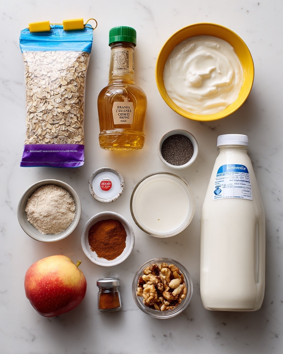 A collection of ingredients is neatly arranged on a white marbled surface in a single layer, each item clearly visible. Starting from the left, a partially open blue and purple bag of oats is clipped at the top with a yellow clip, next to a small yellow bowl filled with a white solid ingredient. Next to the bowl is a clear glass bottle of organic maple syrup with a green cap, followed by a small white bowl filled with black pepper. Above that sits a clear glass bowl full of creamy white yogurt. To the right is a tall white plastic bottle of whole milk with a blue and white label. In the middle lower part of the scene, there is a small white bowl with salt, a red and yellow apple, a clear glass bowl filled with chopped nuts, a jar of ground cinnamon with a red label, and a jar of ground nutmeg with an orange label. The items are placed evenly without overlapping, showing textures like rough oats, smooth bottles, and fresh fruit. photo taken with an iphone --ar 4:5 --v 7