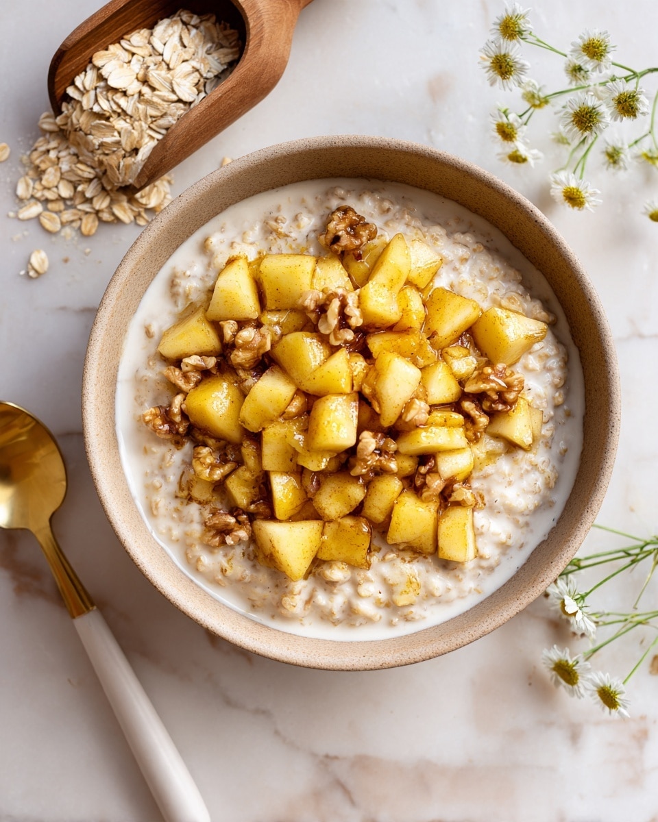 A beige bowl holds a creamy oatmeal base mixed with small walnut pieces, topped with a layer of golden caramelized apple chunks scattered evenly across the surface, showing a mix of soft and slightly sticky textures. The bowl sits on a white marbled surface with a wooden scoop filled with raw oats placed nearby, some oats spilling out. Nearby are two small white flowers and a gold spoon with a white and gold handle rests just partly in frame. Photo taken with an iphone --ar 4:5 --v 7