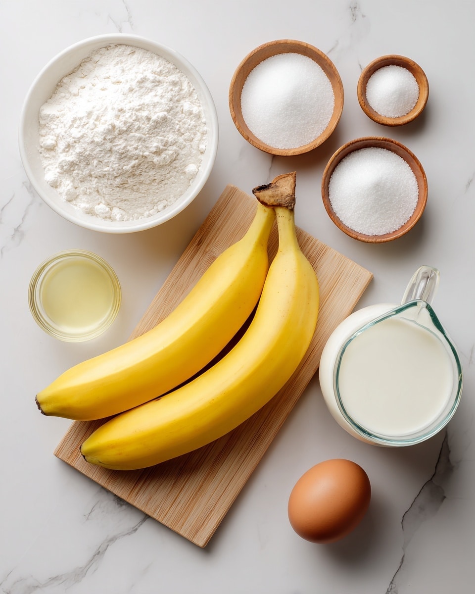 The image shows ingredients arranged neatly on a white marbled surface. In the center, two bright yellow bananas rest side by side on a light wooden cutting board. To the left, a white bowl is filled with white flour, next to a small clear glass container holding a light yellow liquid. Above the bananas, three small light brown wooden bowls contain white crystals, white sugar, and white powder respectively. On the right side, there is a clear glass jug filled with white milk, and below it, a small white bowl holds a single brown egg. The whole arrangement looks clean and organized, photo taken with an iphone --ar 4:5 --v 7