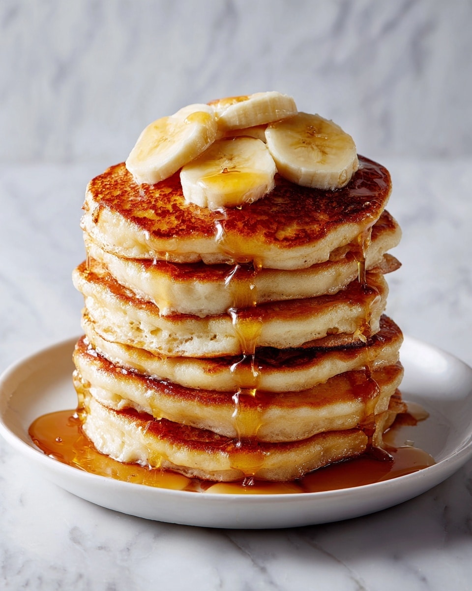 A tall stack of seven golden-brown pancakes sits on a white plate, each pancake thick with a slightly crispy edge and a soft, fluffy inside. The pancakes are layered one on top of the other, syrup slowly dripping down the sides, creating shiny, amber streaks over the stack. On top, three small slices of banana are neatly placed with syrup pooling around them. The background is a white marbled texture. Photo taken with an iphone --ar 4:5 --v 7