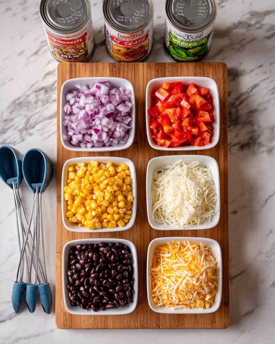 The image shows six small square bowls arranged in two rows on a wooden board. The top row has three bowls containing finely chopped red onions (left), diced red bell peppers (middle), and a mix of diced tomatoes and other vegetables (right). The bottom row has three bowls holding black beans (left), yellow corn kernels (middle), and a mixture of shredded white and yellow cheese (right). Behind the bowls, there are two cans, one of Egg Beaters and one of diced tomatoes with green chilies, and a set of blue measuring spoons placed on the wooden board. The entire setup is on a white marbled surface. Photo taken with an iphone --ar 4:5 --v 7