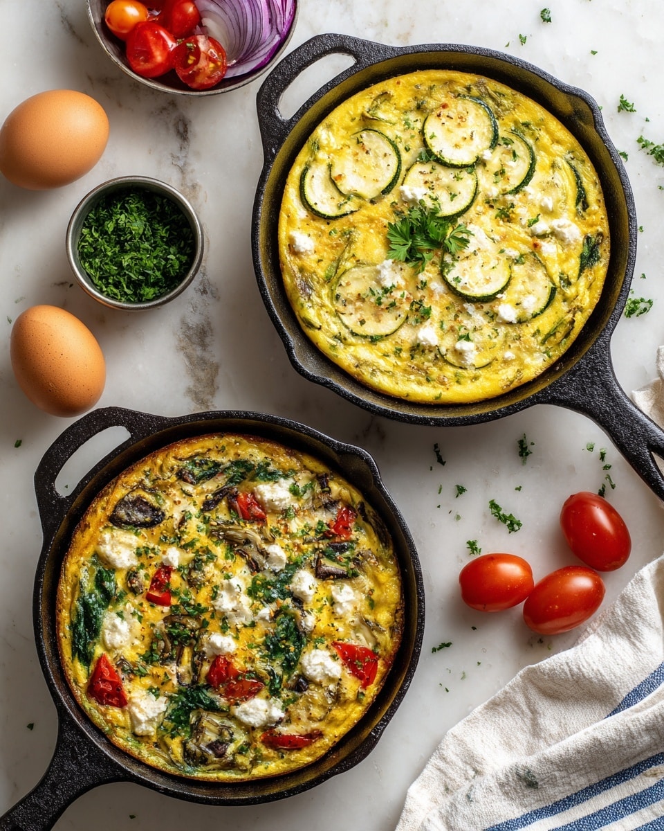 Two cooked egg frittatas are shown in black cast iron pans on a white marbled surface. The frittata at the top has a single layer of light yellow cooked eggs with scattered slices of green zucchini, small pieces of red bell pepper, melted white cheese, and green parsley leaves placed on top. The second frittata at the bottom has a single layer of yellow cooked eggs mixed with green spinach, red cherry tomato halves, white dollops of cheese, and brown pieces that look like roasted artichoke hearts or mushrooms. Around the pans, there are whole eggs, small metal bowls with green parsley, purple onion slices, and bright red cherry tomatoes, with a white and blue striped towel partially seen on the right side. Photo taken with an iphone --ar 4:5 --v 7