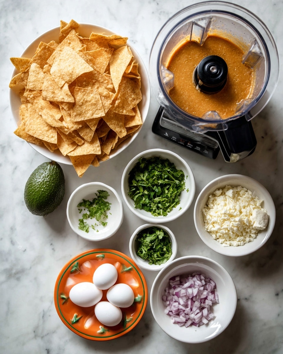 The image shows an overhead view of several ingredients arranged on a white marbled surface. In the center, there is a blender with an orange-brown liquid inside, its black lid with blades visible. Above the blender is a white bowl filled with many light golden tortilla chips stacked irregularly. To the left of the chips, there is a whole dark green avocado and below it a small white bowl with chopped green herbs. To the right of the blender, three small white bowls hold chopped white onions, crumbly white cheese, and a small amount of white liquid. At the bottom, an orange plate with small orange and green decoration holds four white eggs, and in the center of the plate is a small white bowl filled with chopped red onions. photo taken with an iphone --ar 4:5 --v 7